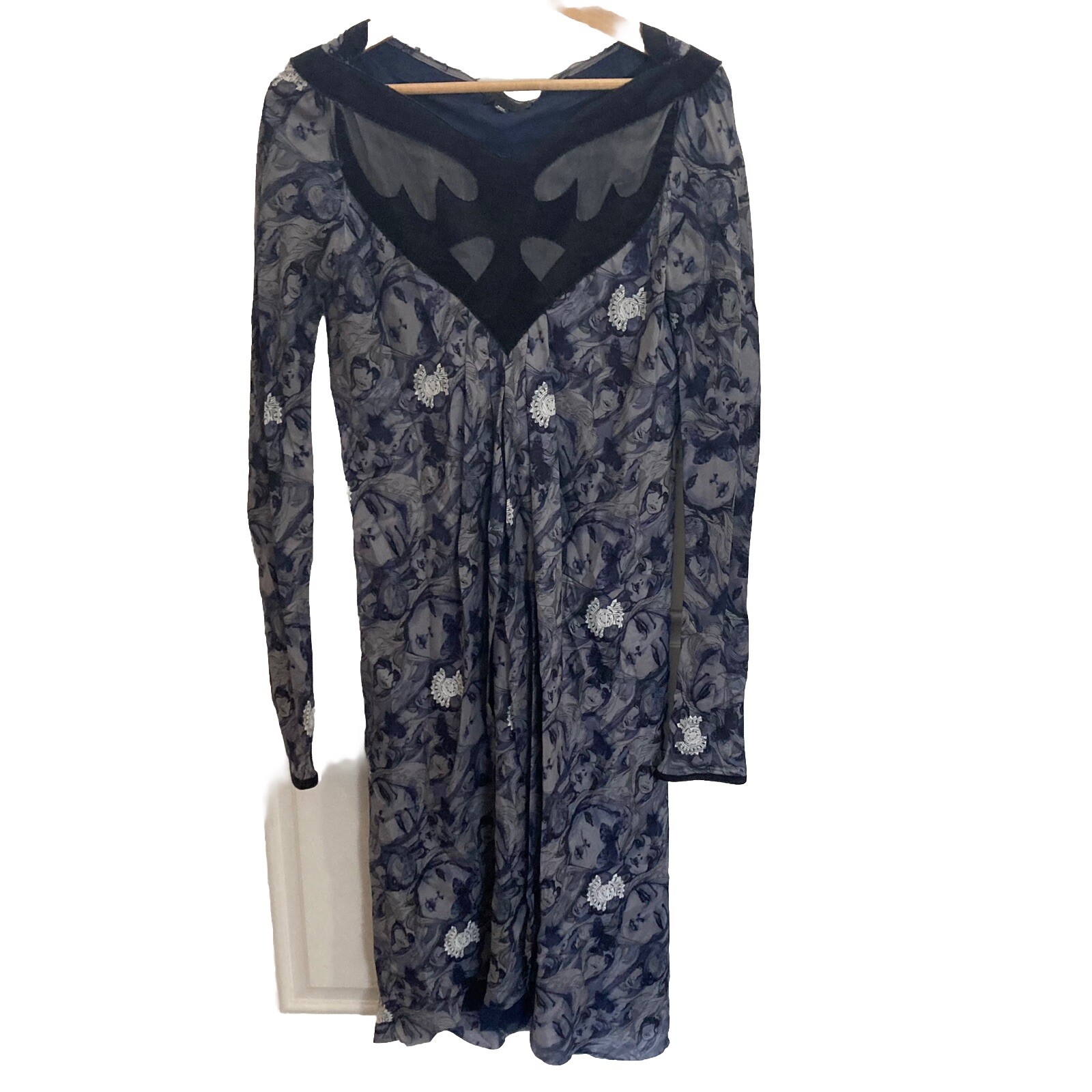 Vtg GIBO 100% Silk Art Deco Lagenlook Dress Sz 42 Blue Faces Long Sleeve Italy