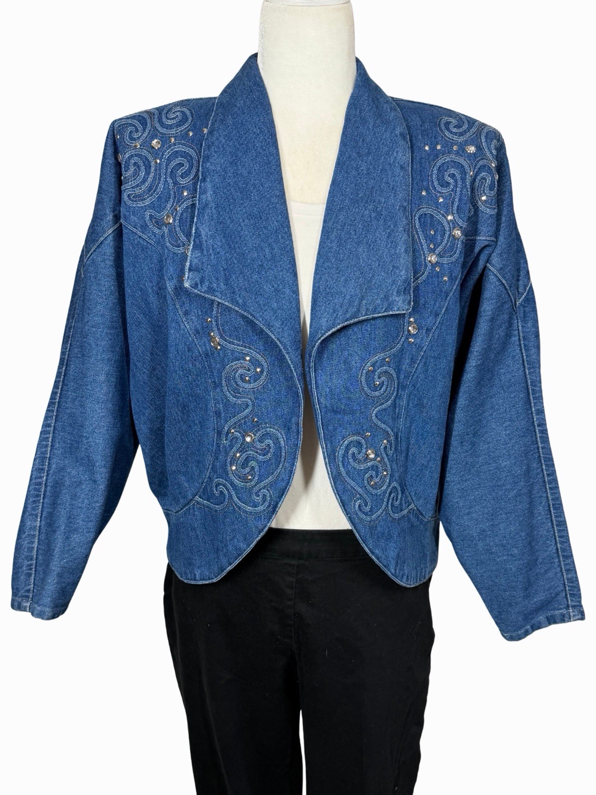 Vintage Pado Jean Jacket Women’s Medium Rhinestone Embellished 80s USA Denim