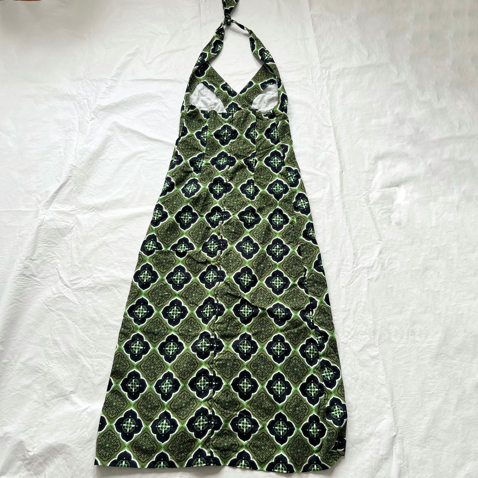 Vintage homemade dress halter neck maxi green black floral sleeveless size 6
