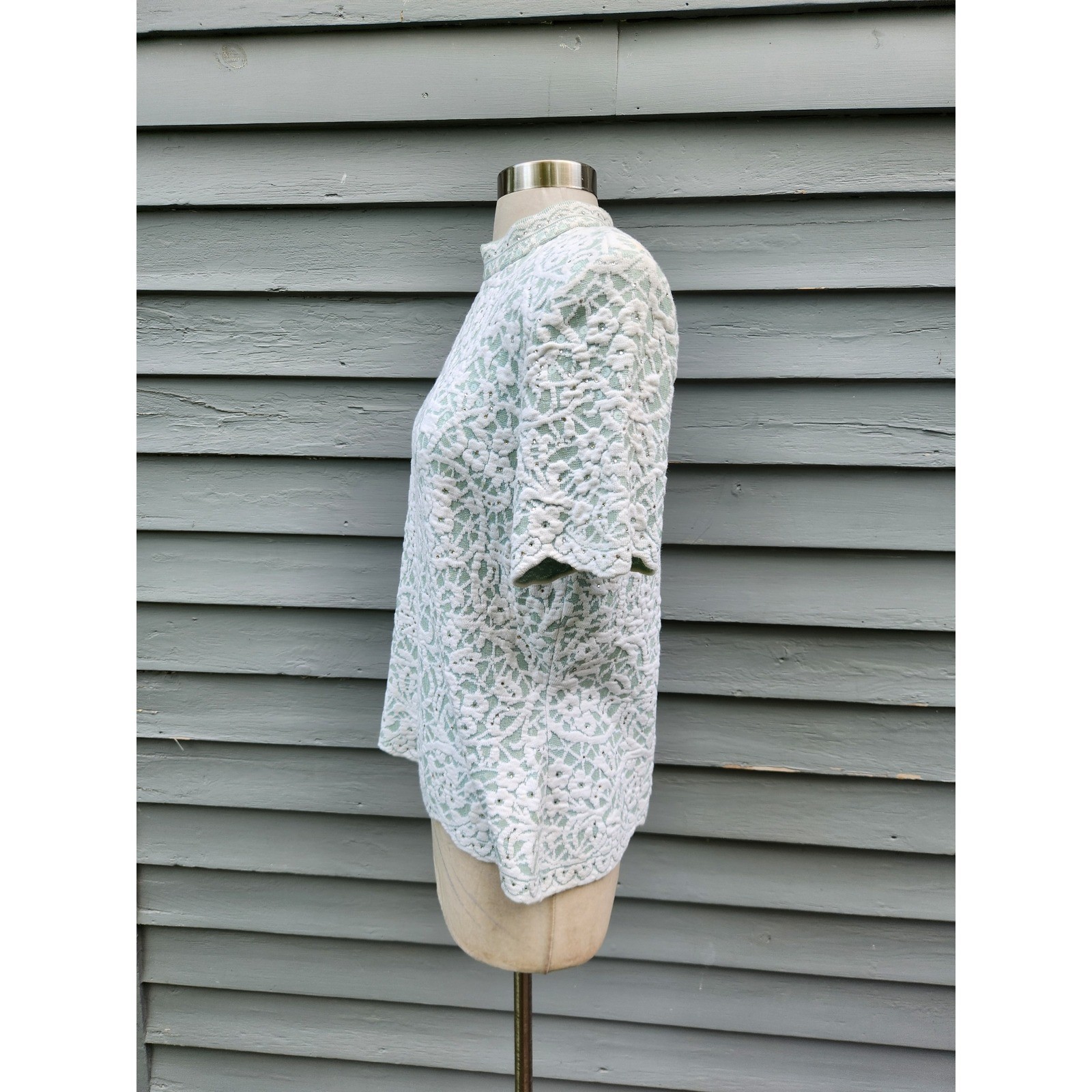Vintage 90s St John Evening Knit Top Mint Green White Lace Sequin Rhinestone 12