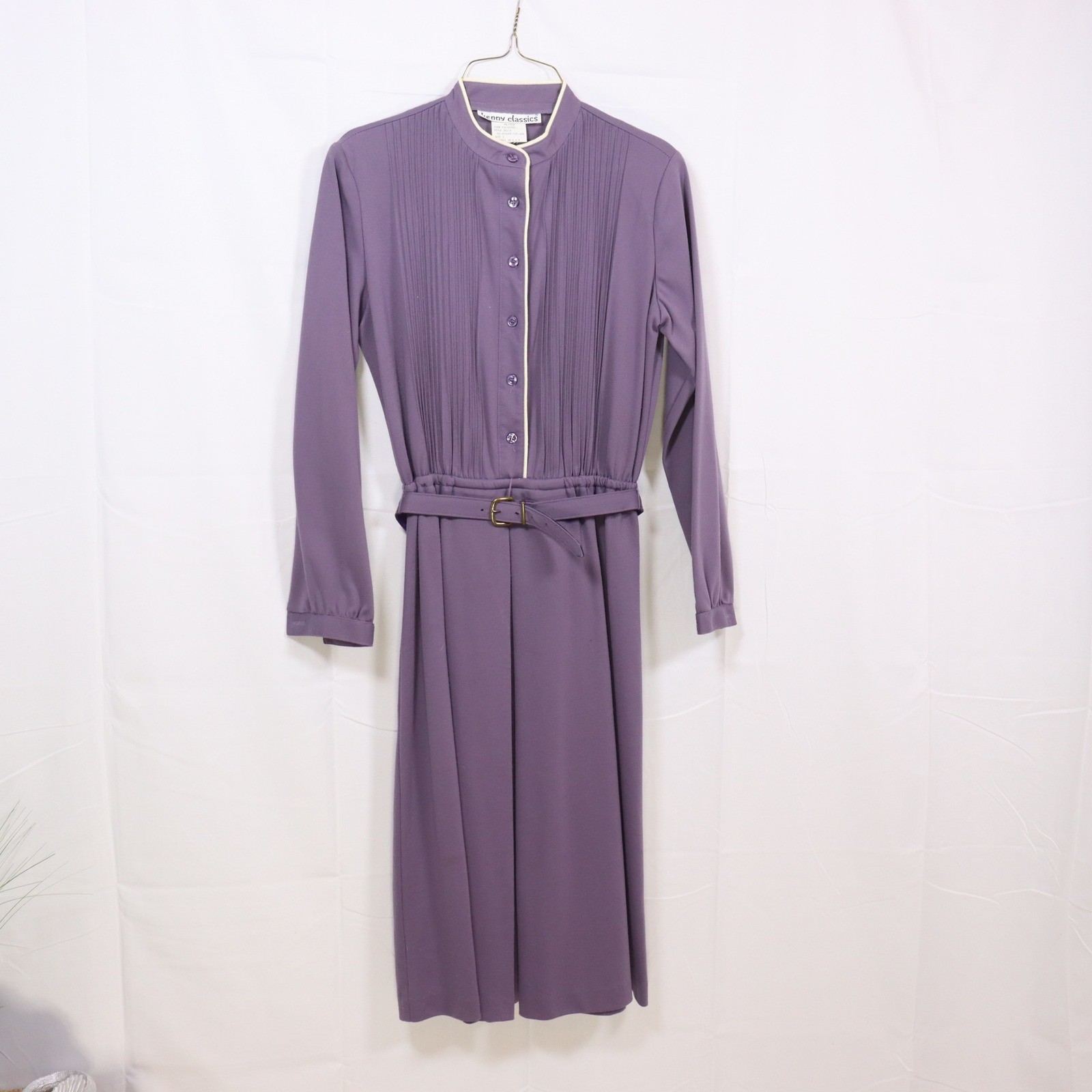 Kenny Classics Belted Midi Dress 8 Purple Womens Pintuck Pleated Vintage