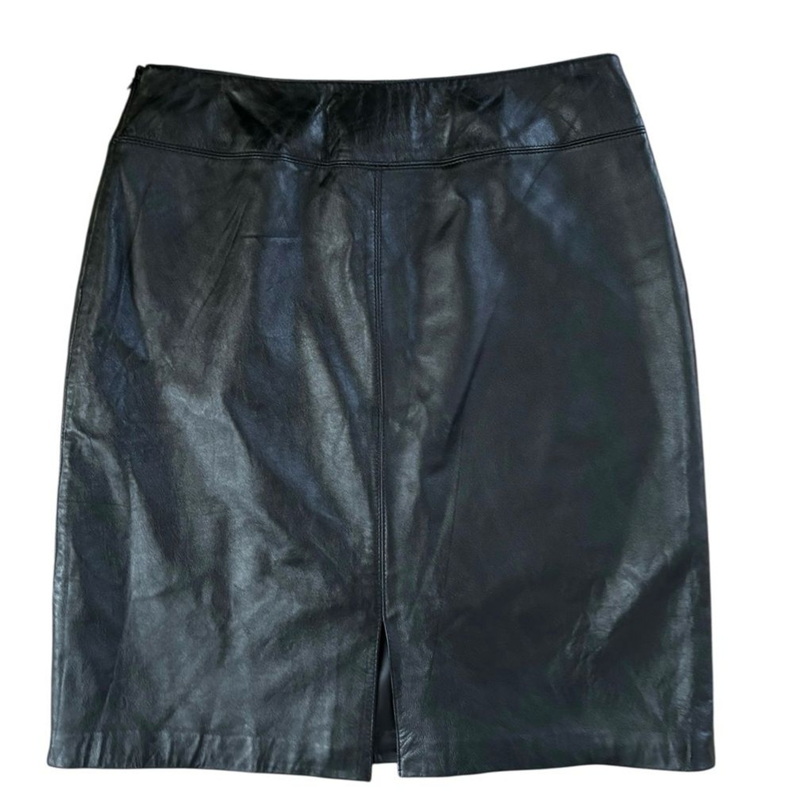 VTG Supple Lambskin Leather Pencil Skirt 8 Black Lined Back Split Preppy Classic