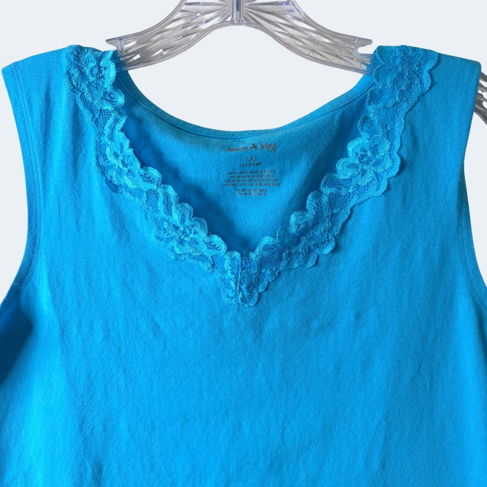 Vintage 90s Y2K White Stag Blue Floral Lace Trim V Neck Tank Top Large 12 14