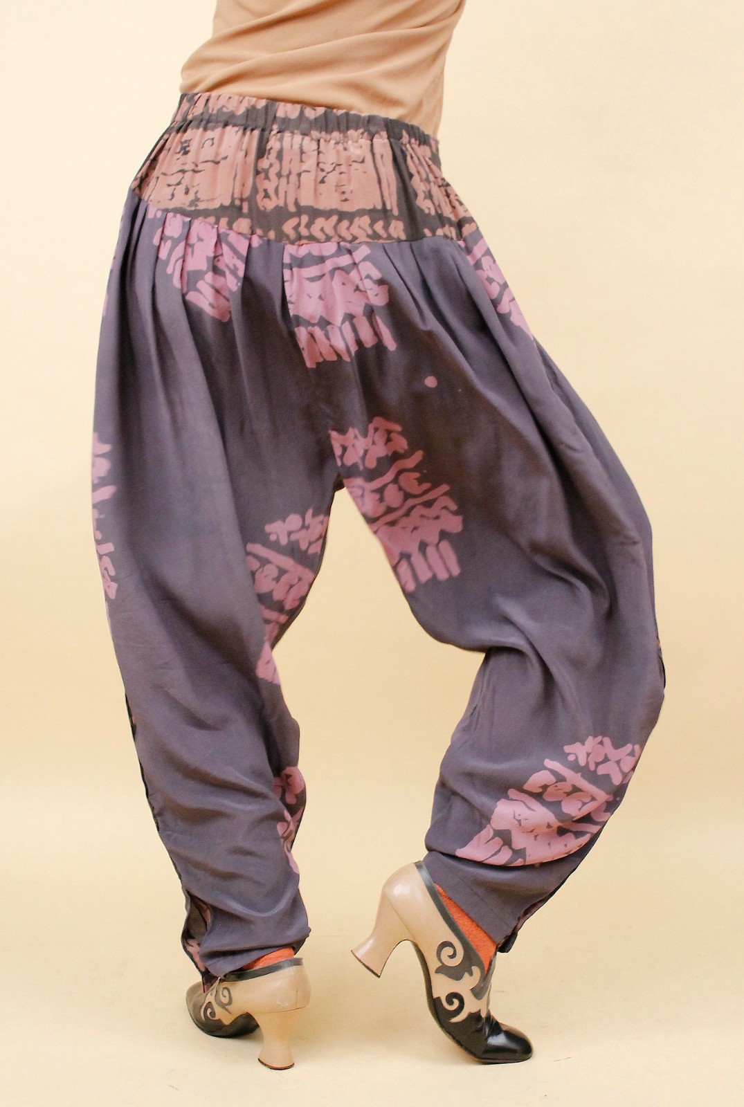 80s Vtg Silk Laise Adzer Designer Silk Moroccan Lagenlook Art Pants S-M W28-30″