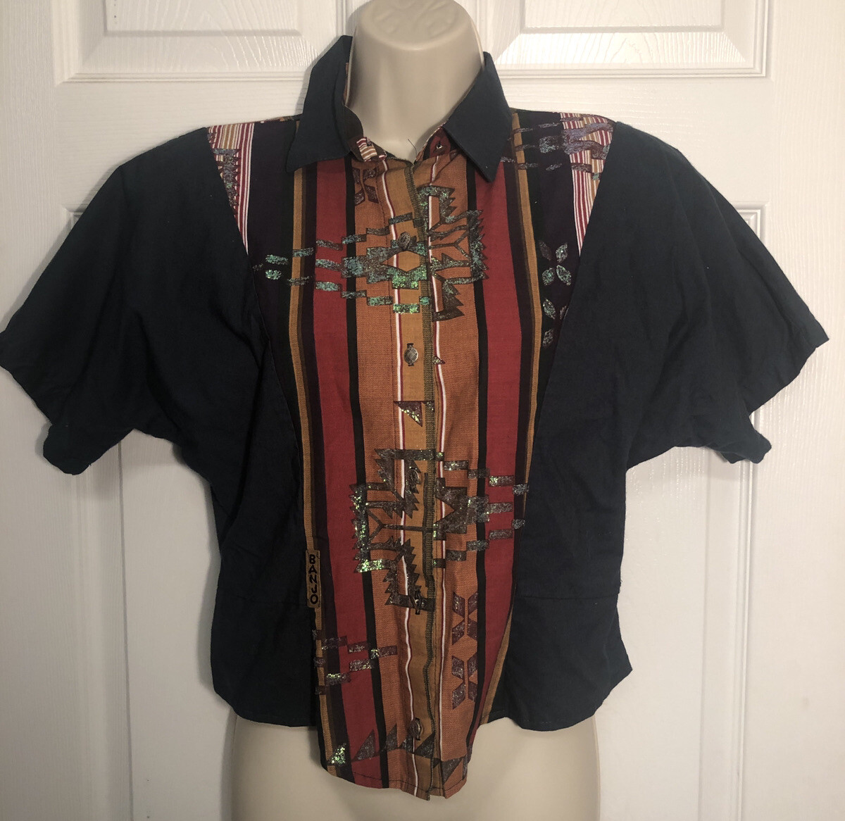 Vintage Banjo Texas Western Wear Womens Crop Shirt Size M Rodeo Square Dancing