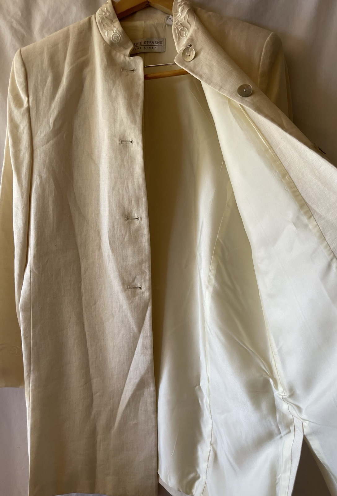 Vintage VALERIE STEVENS Pure Linen, 12, Cream Long Blazer Mandarin Collar NWT