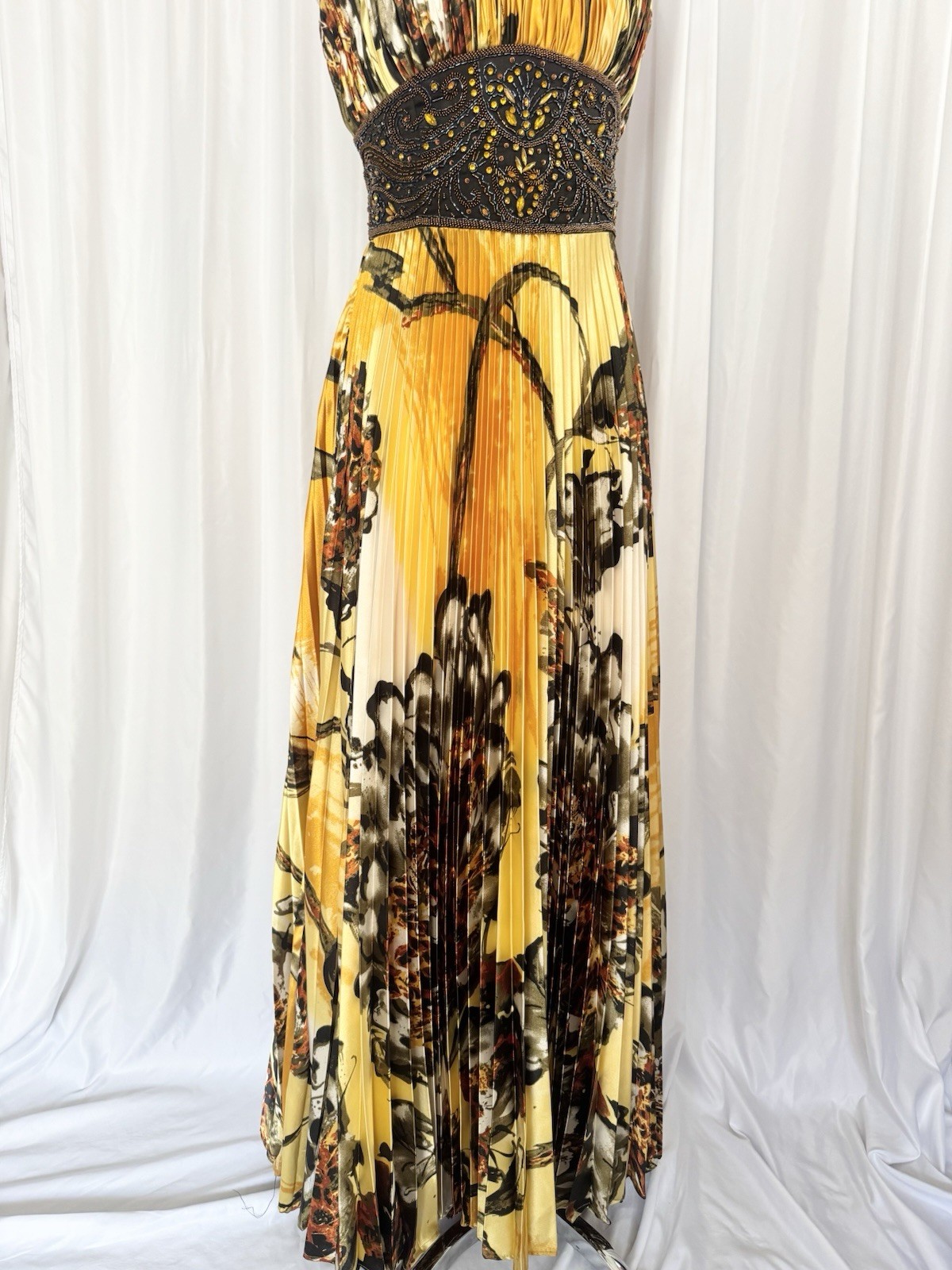 Vintage Yellow Leopard Floral Beaded Sequin Pleated Formal Gown Dress 14 Jovani