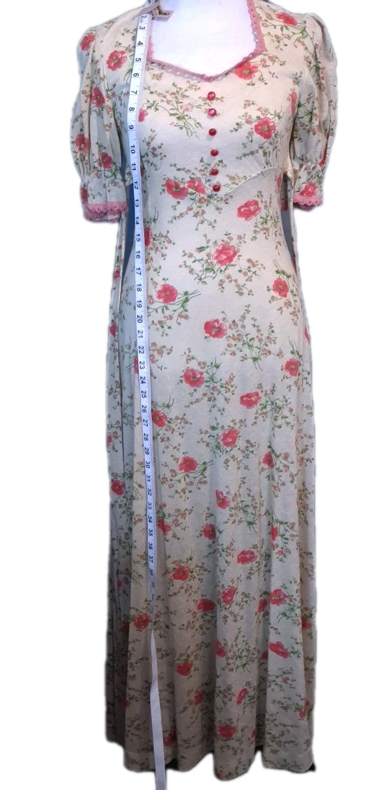 Vintage Maxi Dress Sweetheart Neckline Empire Waist Ditsy Floral Early 70s Sz 7