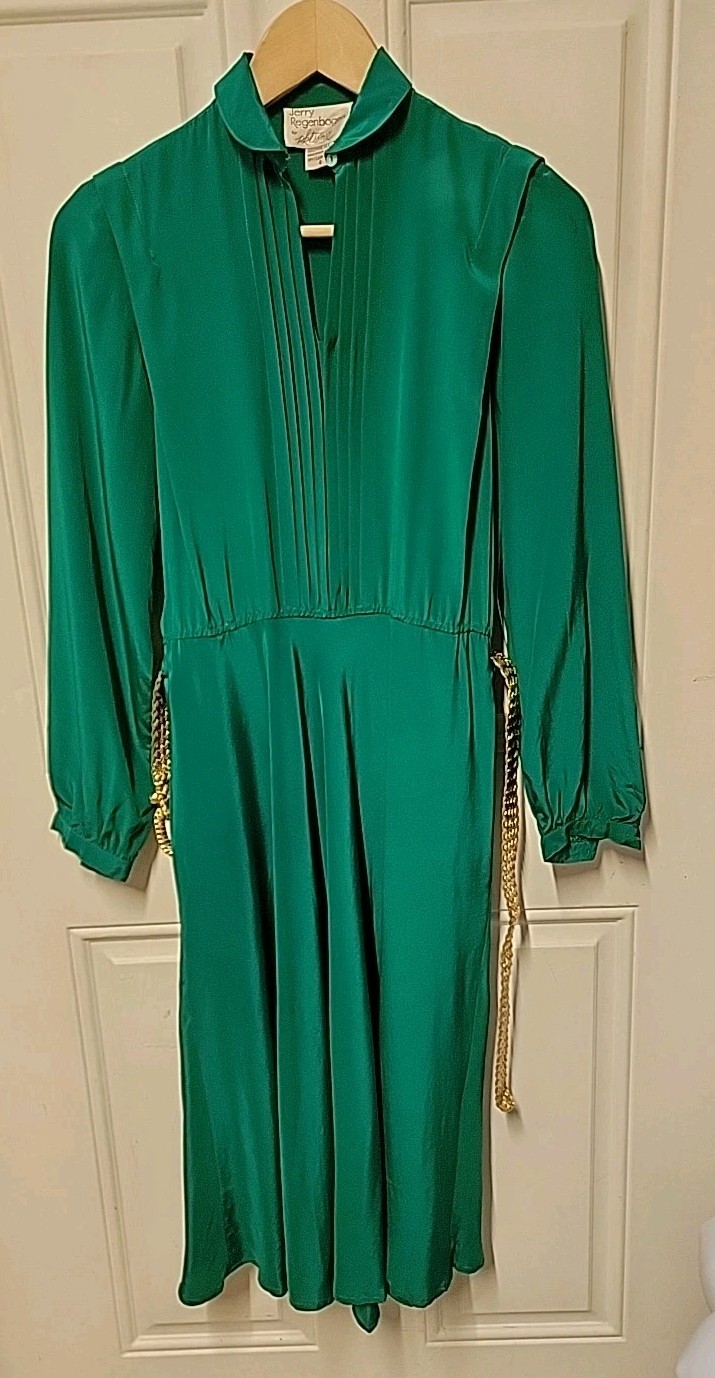 Vintage 80s Jerry Regenbogen Silk Dress Retro Glam Green