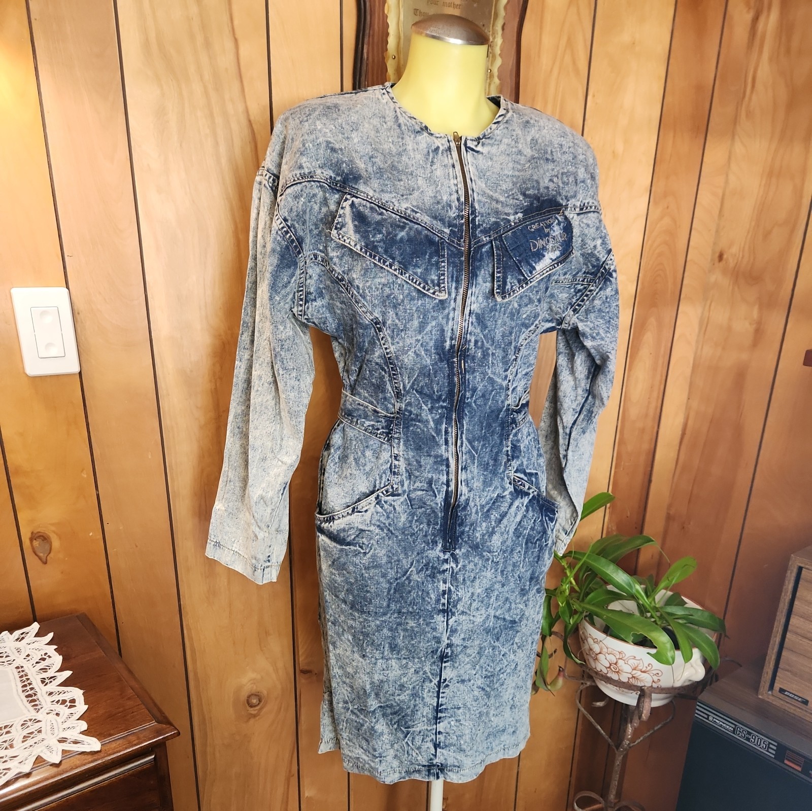 Vtg 80s ZIP UP ACID WASH LONG SLEEVE DENIM DRESS SIZE 3 Power Suit Hair Band