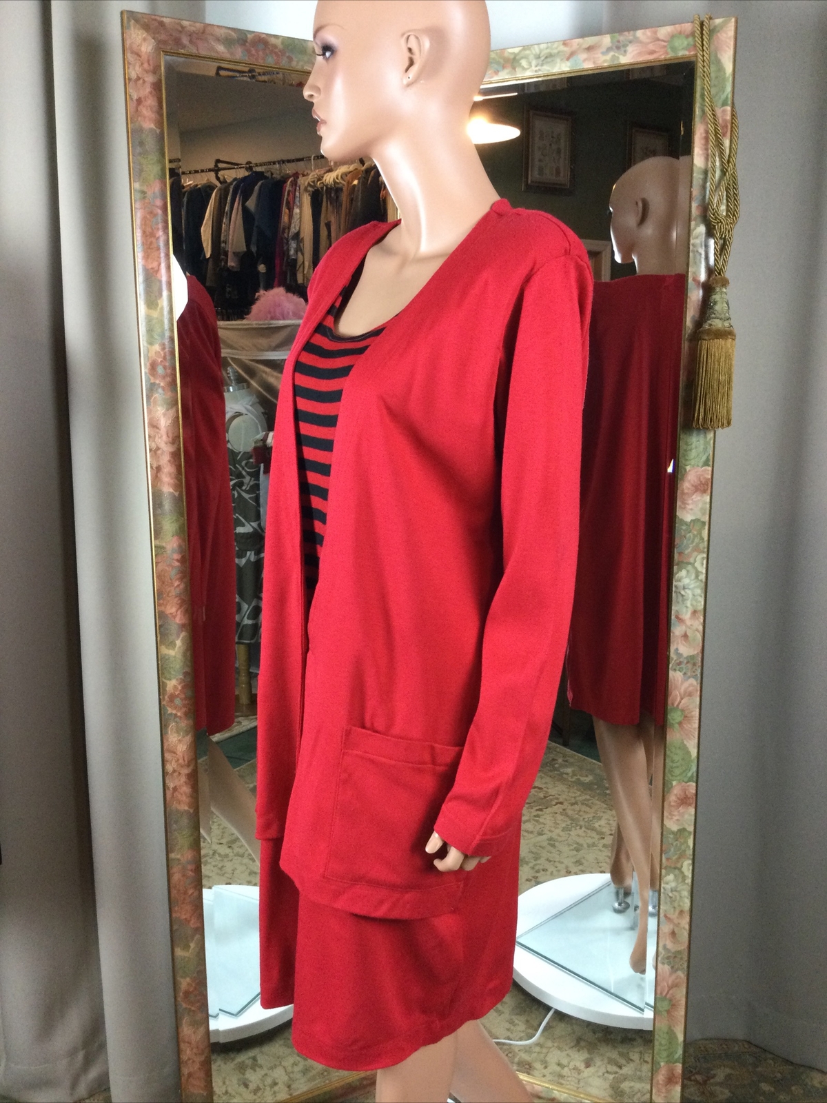 Vintage California Gold Rush Red & Black Strip Knit Dress Sz 16 Bust 46” Pockers