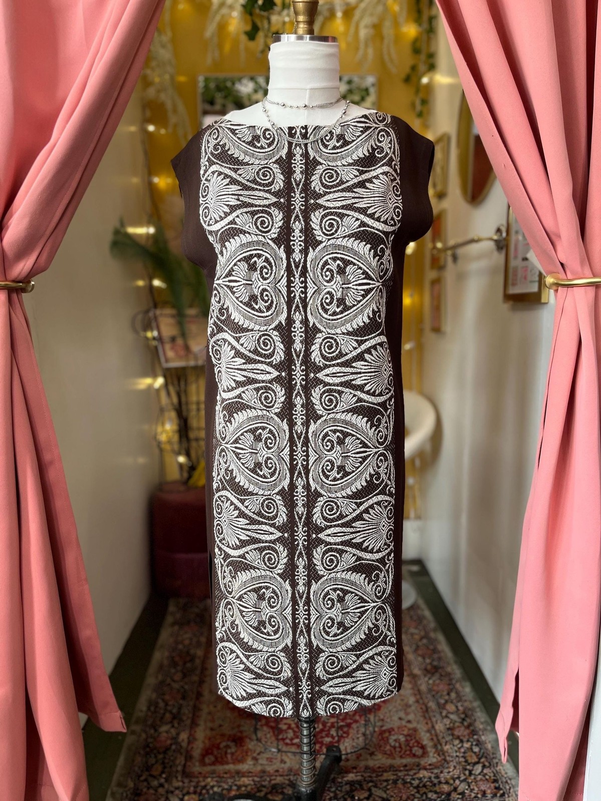 1960s Greecian Brown and White Woven Dress by Haracopoulos, Size M
