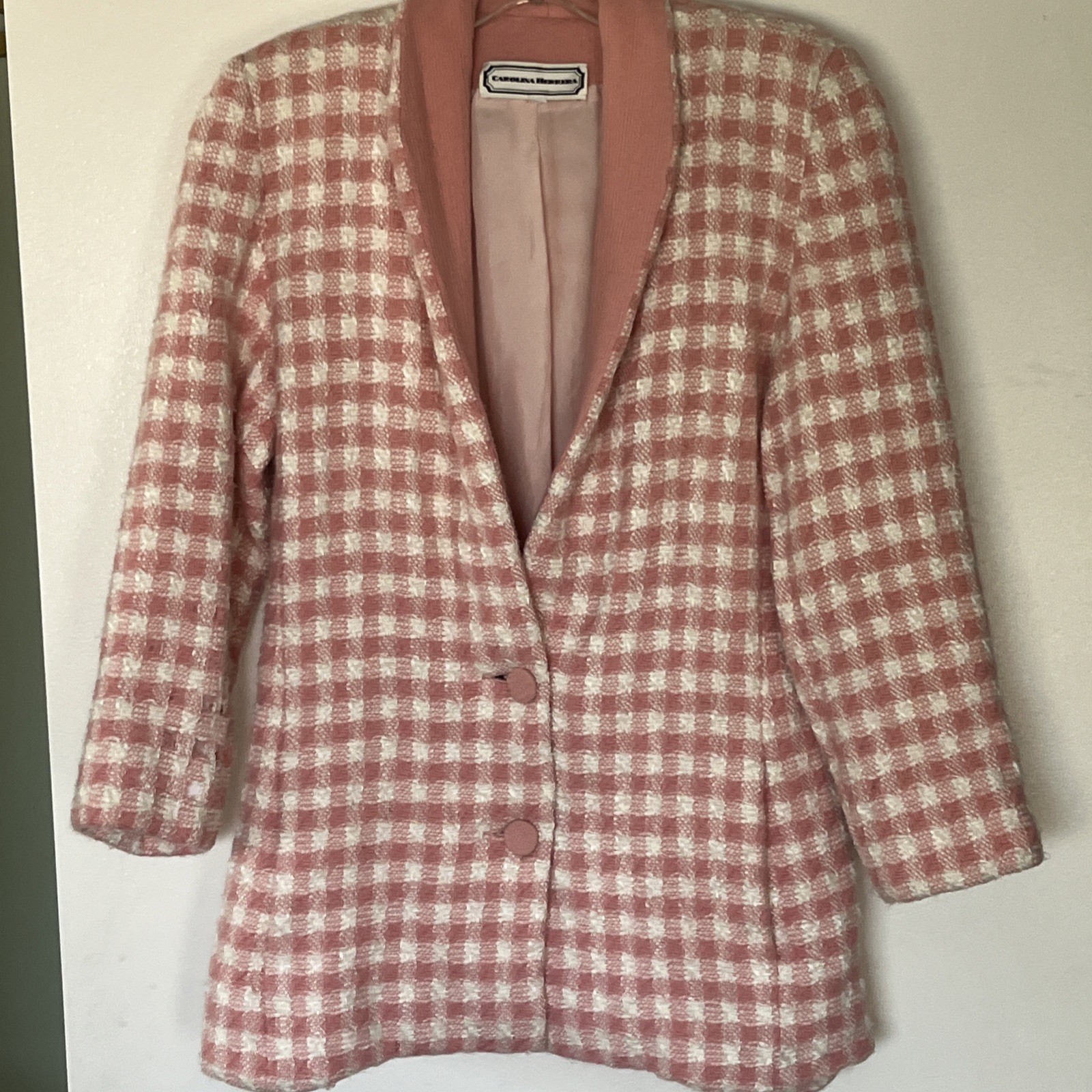 Pink Herrera Blazer Academia Houndstooth Pockets Distressed