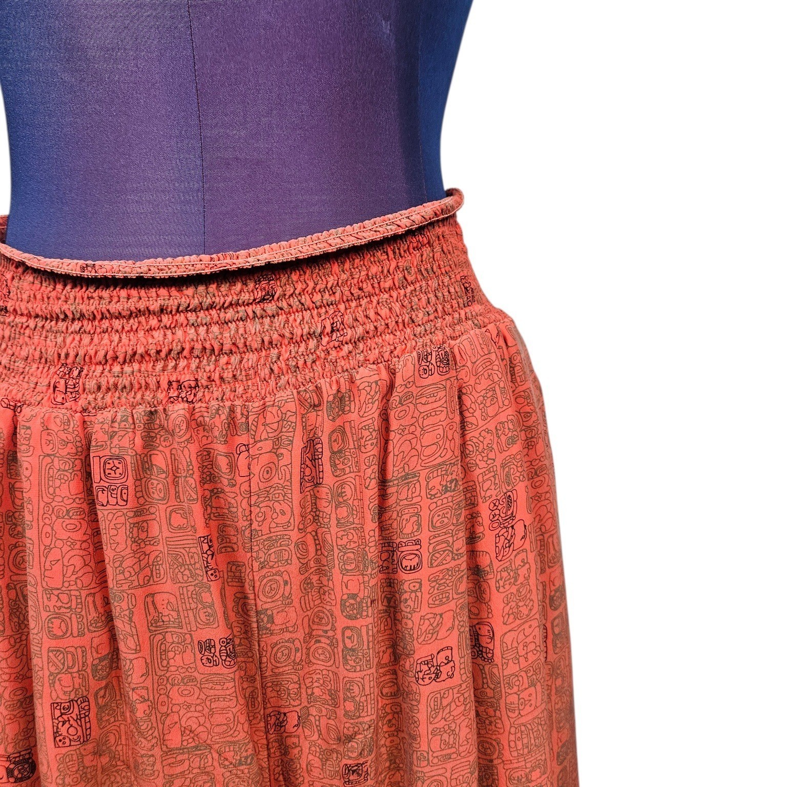 Vintage Silk Terracotta Mayan Glyph Print Tunic & Culottes 2 Piece Set Womens