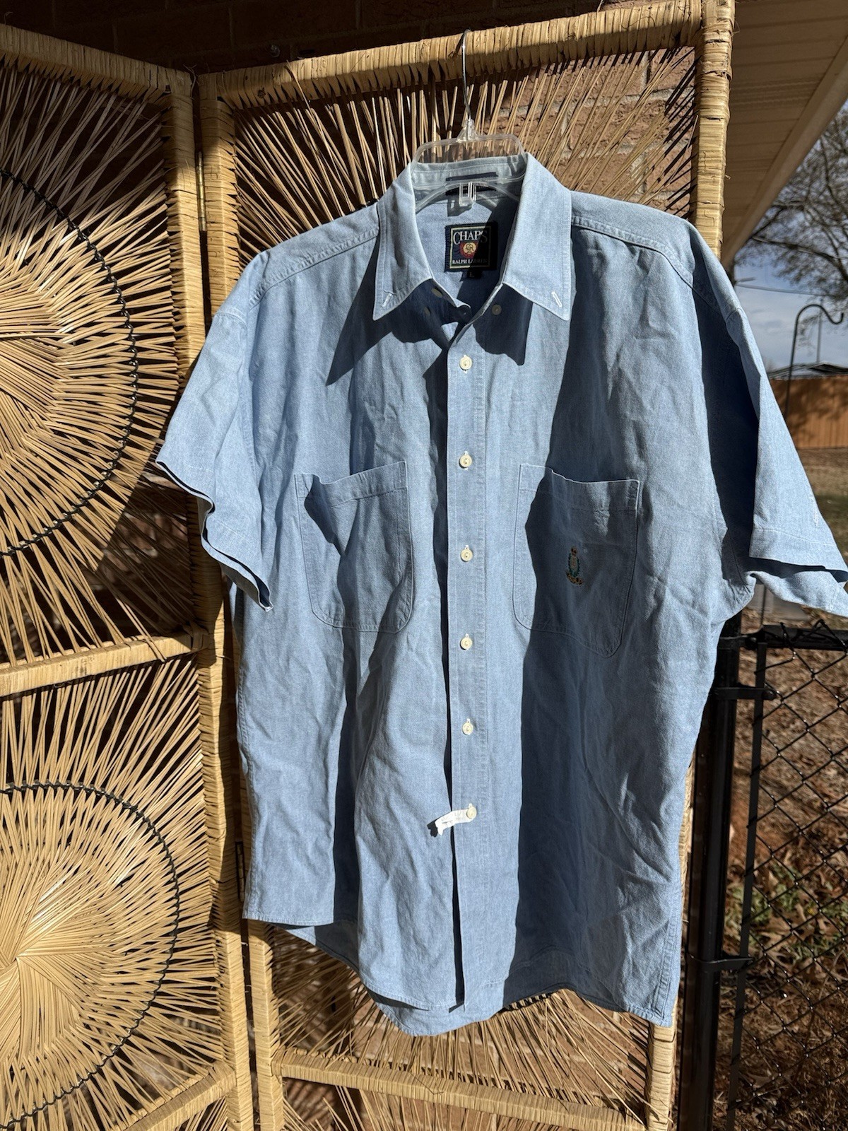 Vintage Ralph Lauren Chaps Blue Chambray POLO Crest Pocket Short Sleeve Shirt L
