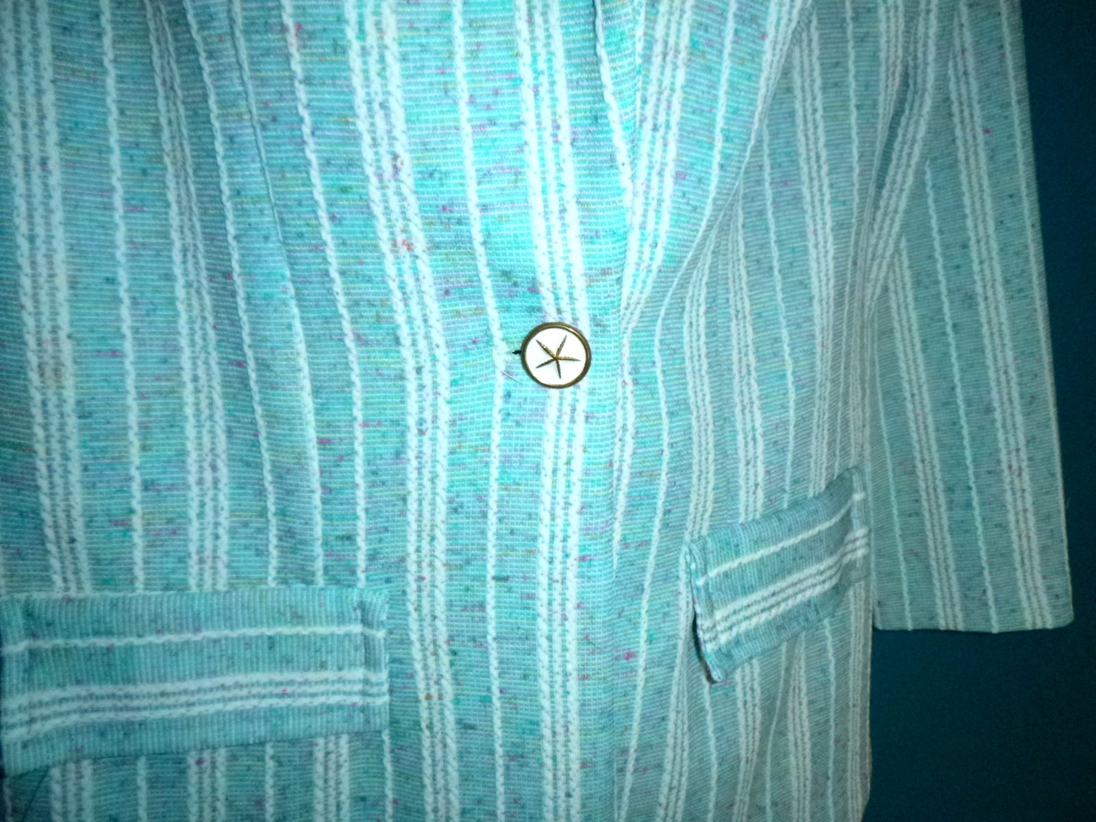 Vtg 70s Graff Textured Stretch Poly Pant Suit Aqua Colored Flecks Sz S