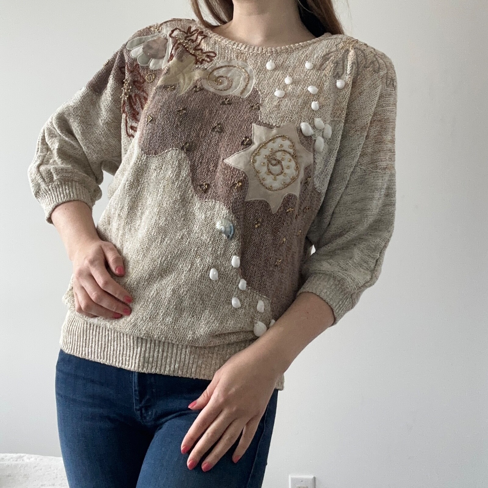 Mariea Kim 80s oversized sweater nautical beach embellished sea shells cotton M