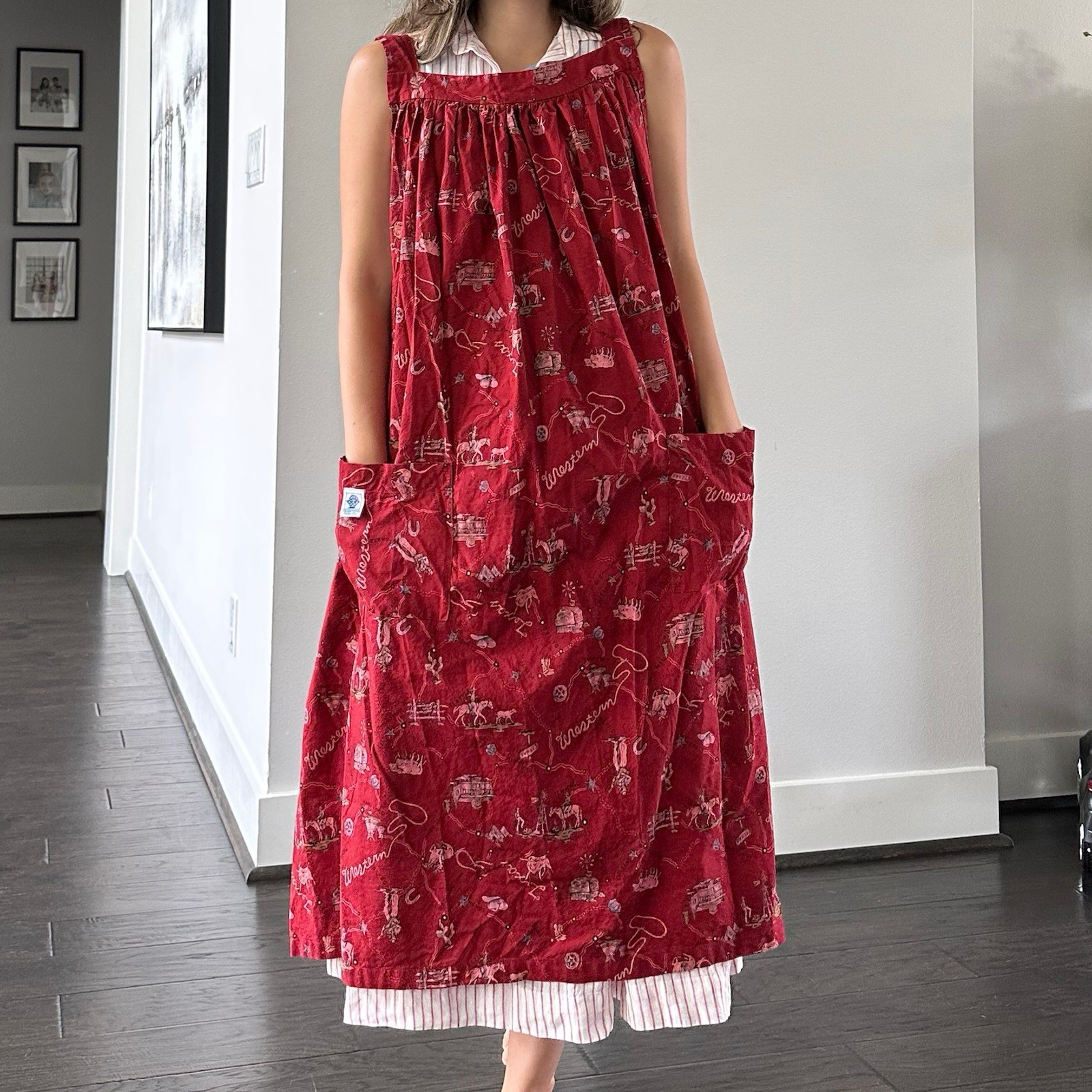 Traditions by Pamela Kline Red Western Cowboy Horse Apron Dress