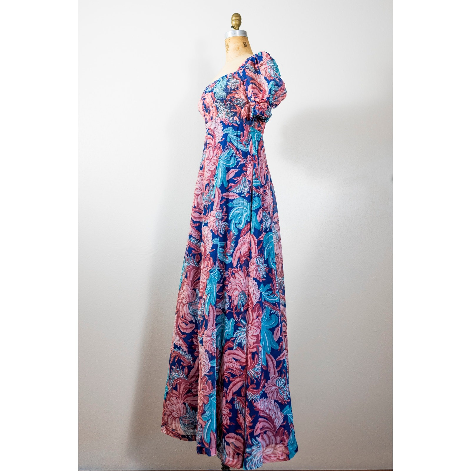 Vintage 70s Puff Sleeve Floral Maxi Dress Pink Blush Blue, Sheer Muslin Gauze XS
