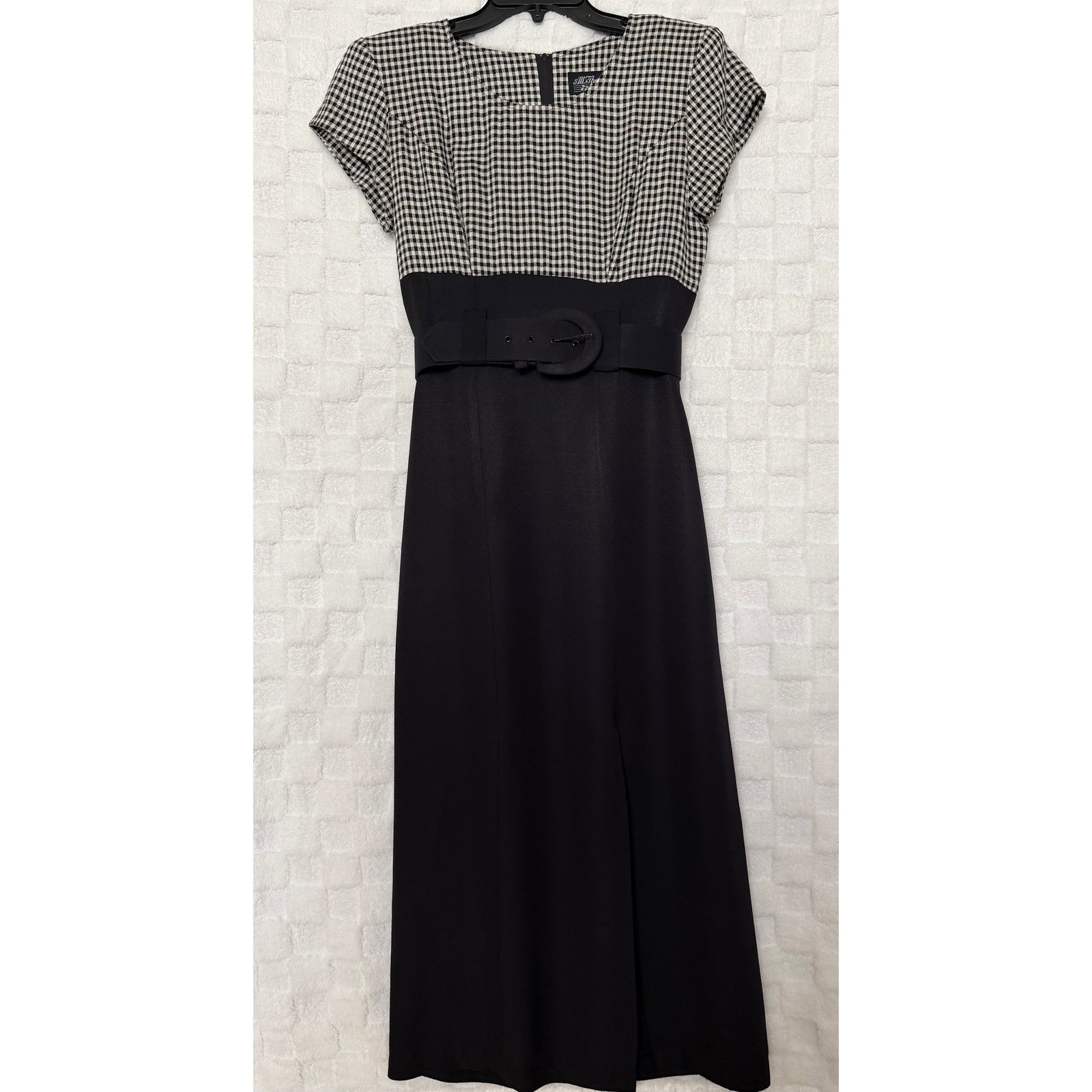 All That Jazz VTG 90s Gingham Belted Maxi Dress Black White Checkered Sz 9/10