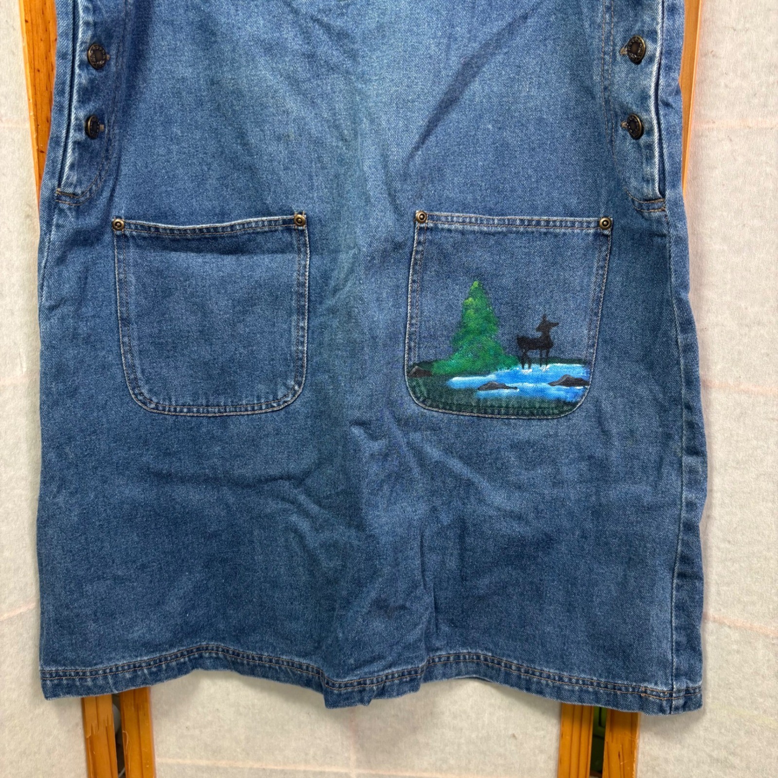 Haiks Vintage Blue Denim Hand Painted Cabin Deer Jumper Dress Womens Large Woods