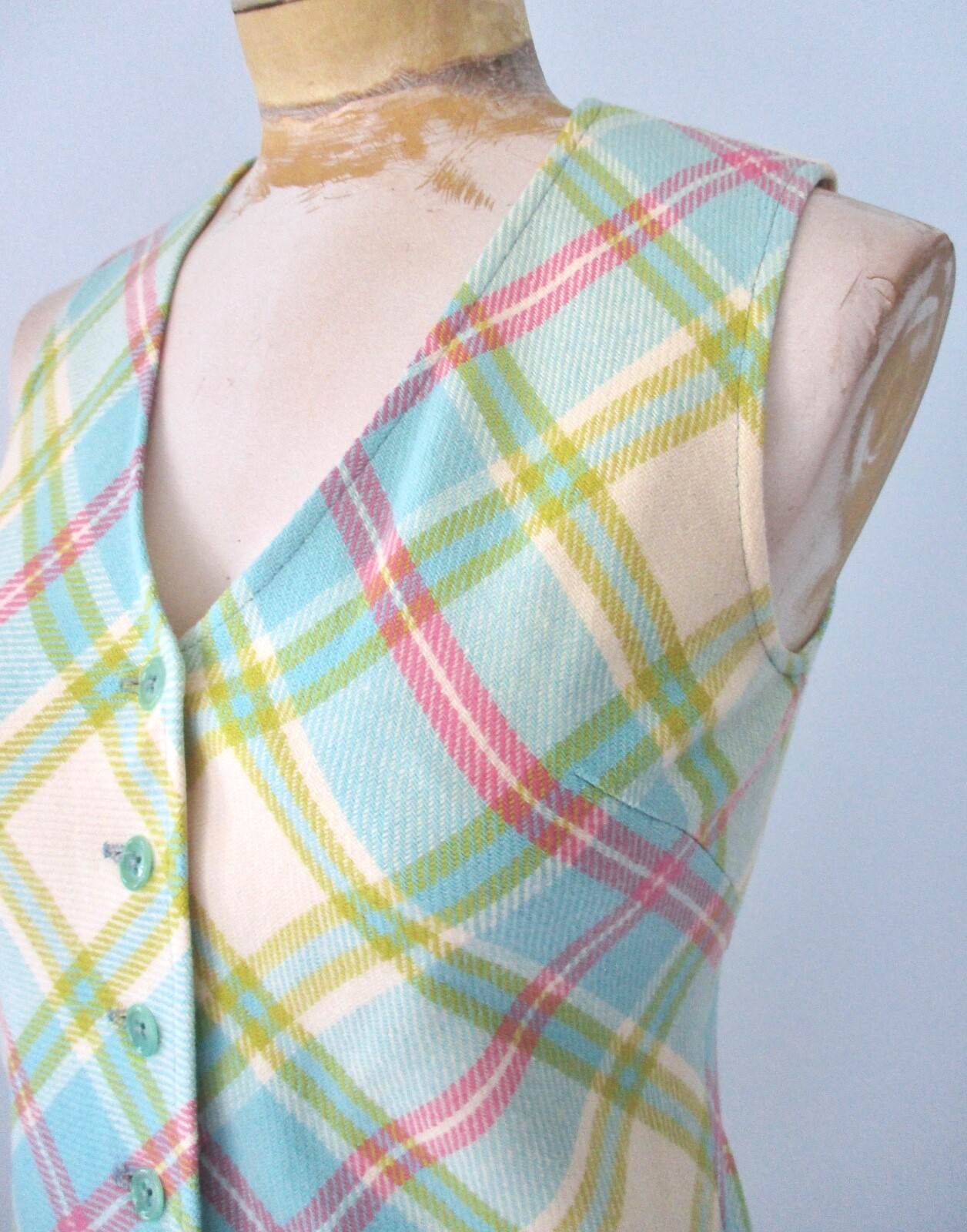 Vtg 60s Mod Blue Pink Green Plaid 2-Pc Bell Bottom Flare Leg Vest Pant Suit 7