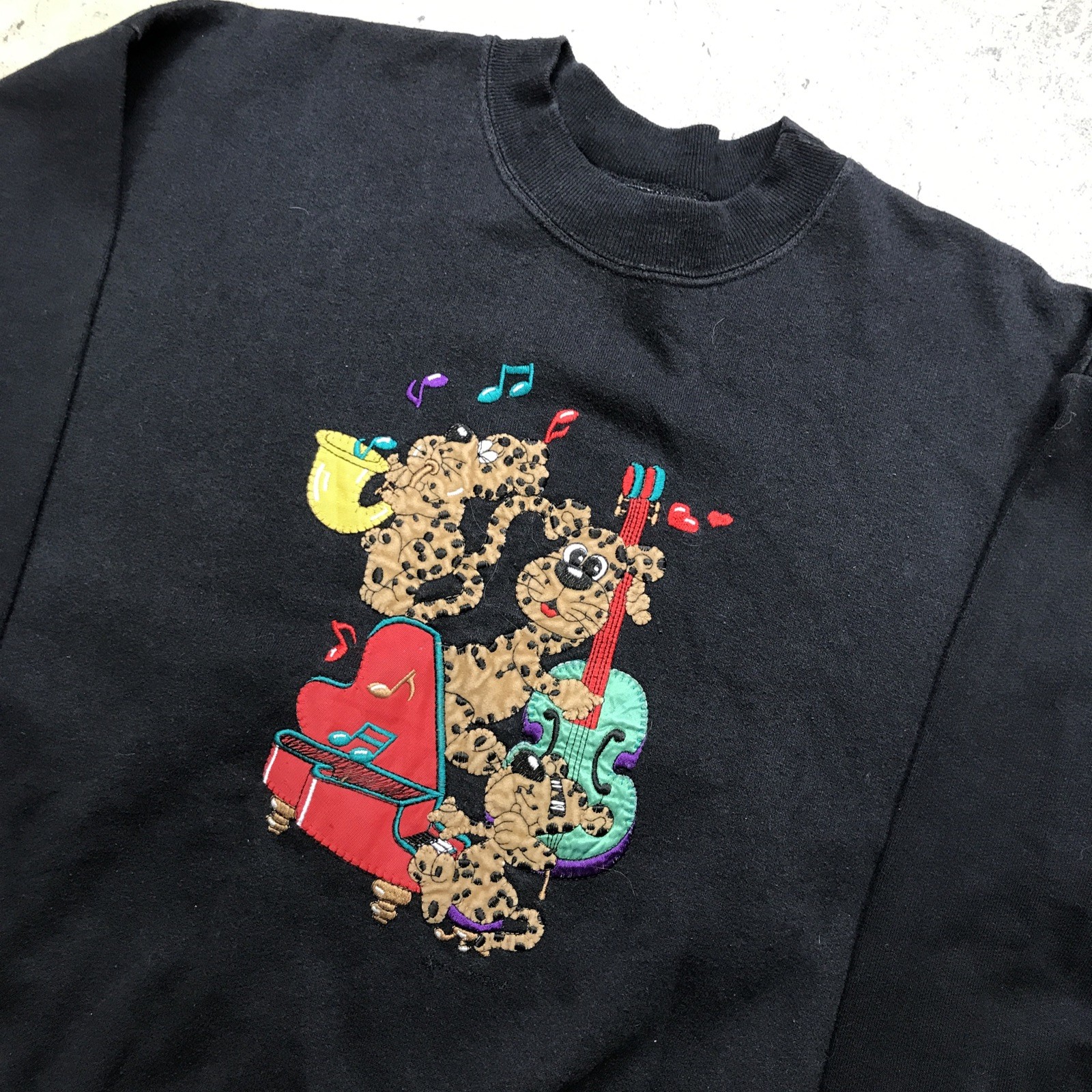 Vintage 90s Whispers USA Cats Playing Music Sweatshirt 3D Applique Womens Med