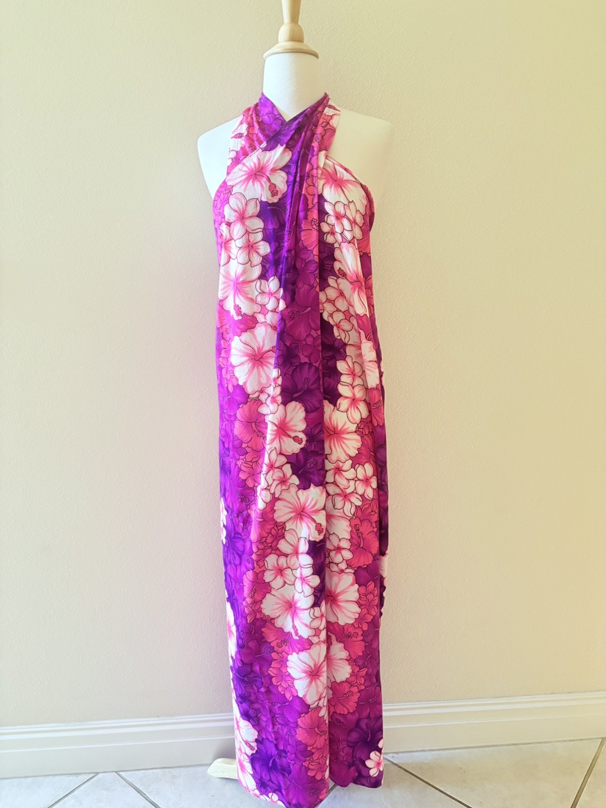 Vintage Hawaiian Pink Purple Day glo Neon Sarong Pareo Wrap Dress Skirt OS