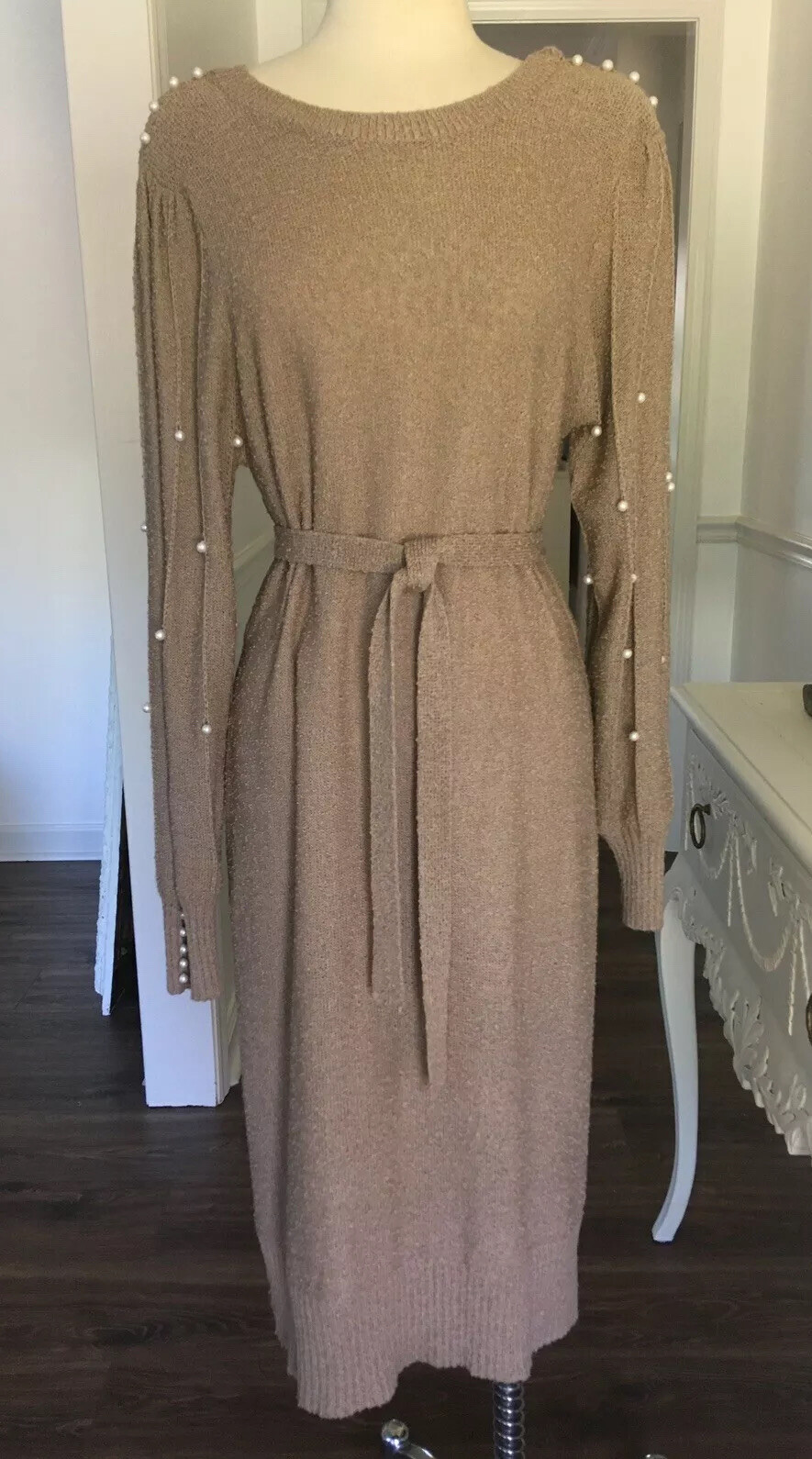 VTG 1970s JUST MORT Nubbly SWEATER Dress PUFF PEARL Sleeves BUTTON BACK Body Con
