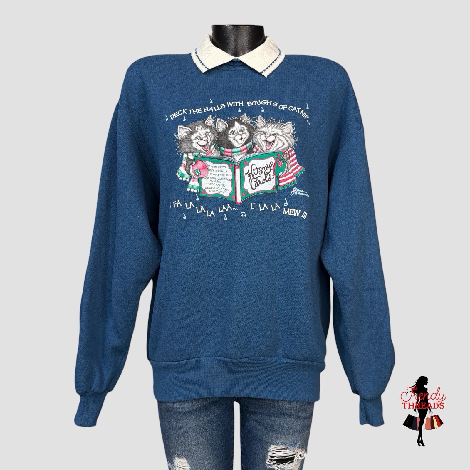 80s 90s VTG Kitty Cat Christmas Graphic Whimsical Sweater Sweat Shirt Grannycore