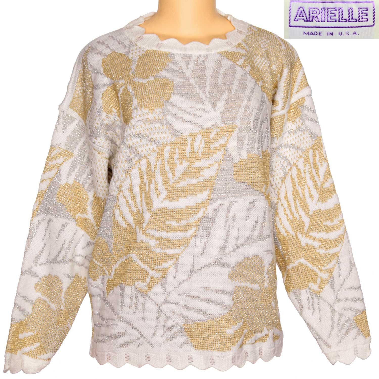 1980s Vintage Arielle White Lurex Sweater Metallic Gold Silver Leaves Disco L