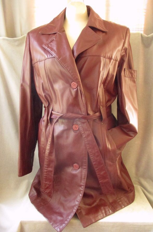 VTG Etienne Aigner Leather Trench Coat Women’s 10 Lined Burgundy Belted Mid