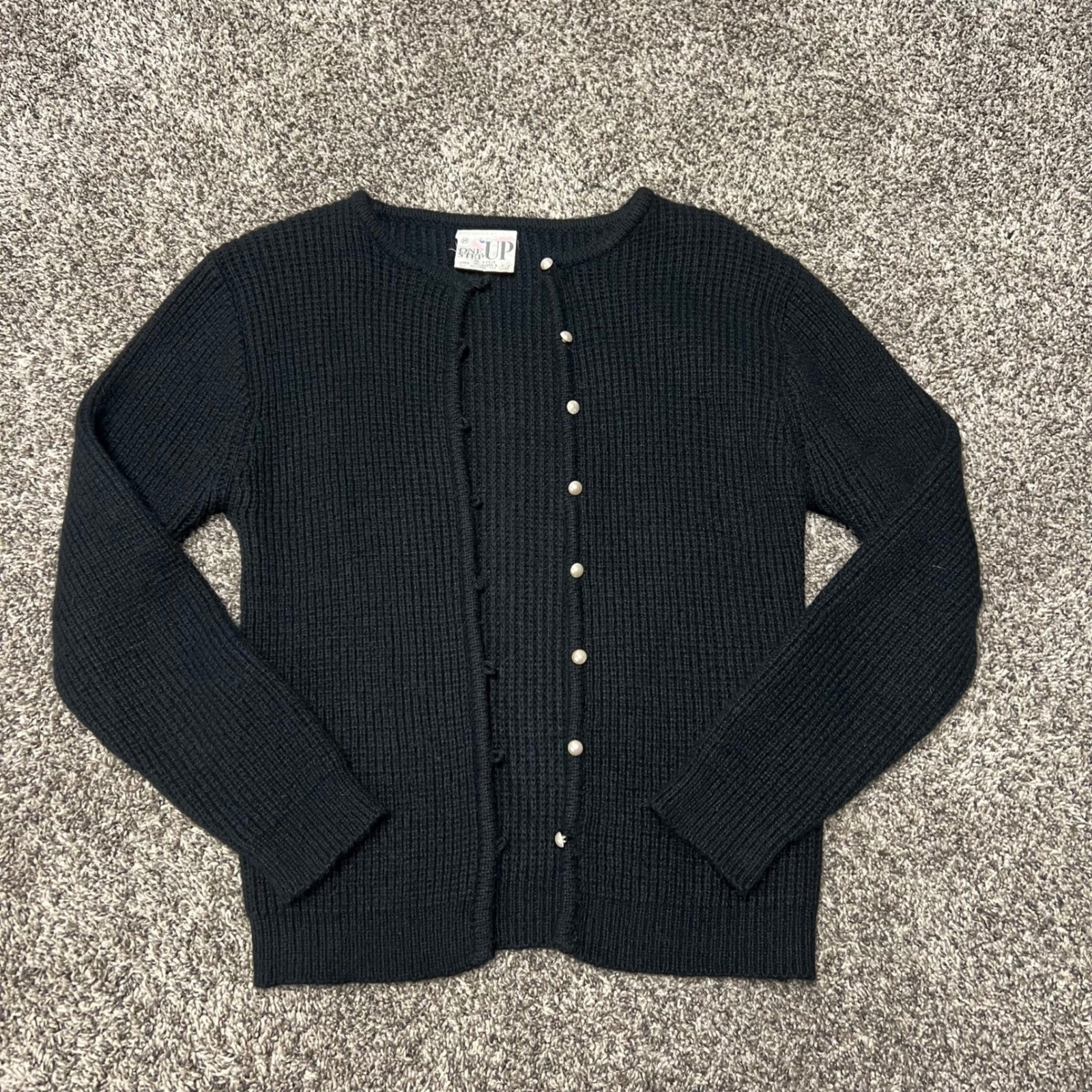 One Step Up Vintage Black Rib Knit Cardigan Wool Blend Faux Pearl Buttons Korea