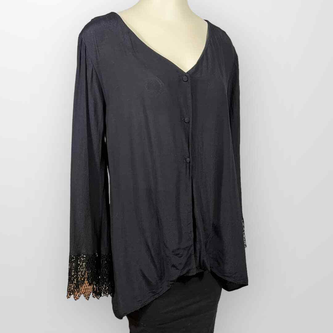 Vintage Celia Tejada Blouse (L) Bell Sleeves Crochet Lace Cuffs USA Rayon Black