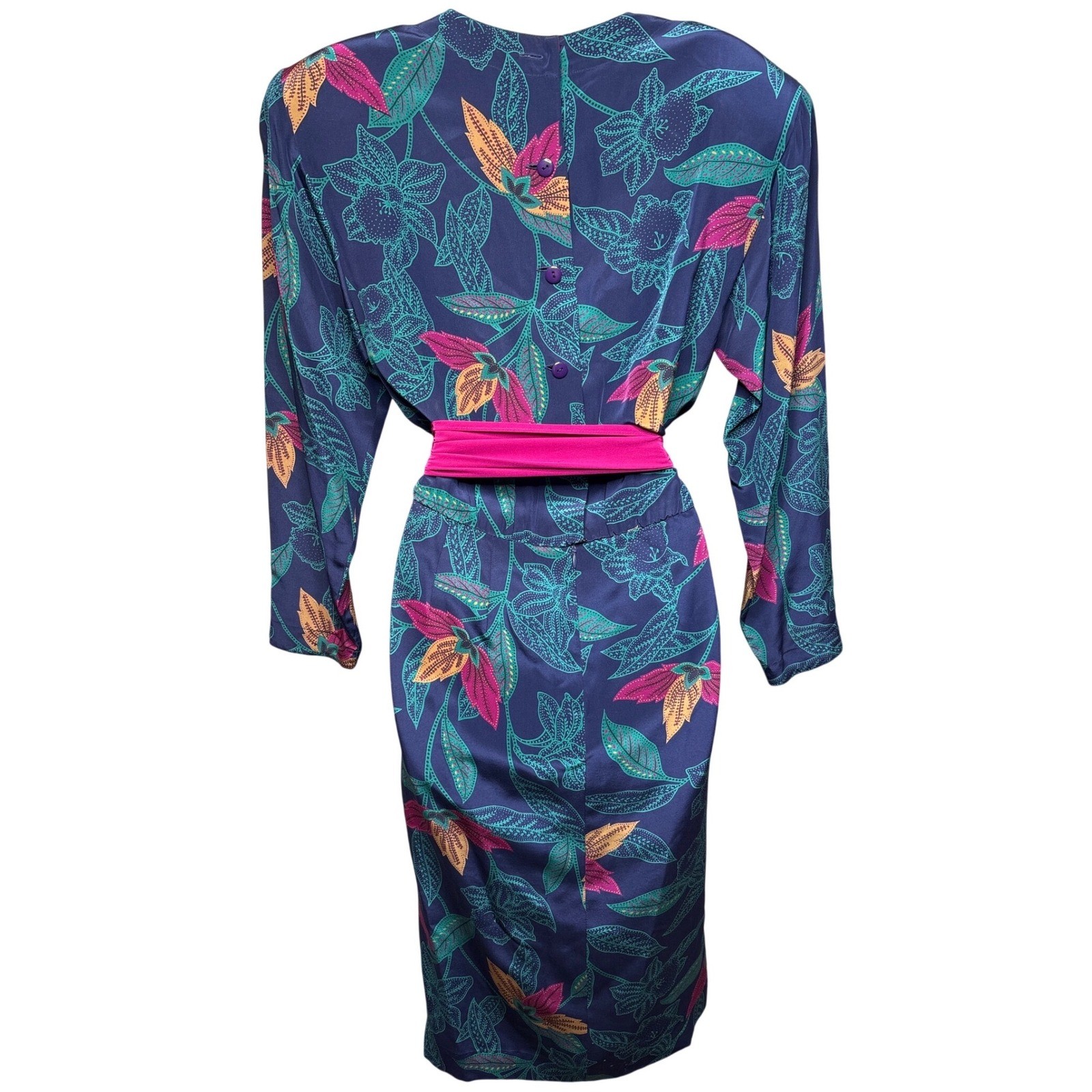 VTG 80s LIZ CLAIBORNE 100%Silk Navy Floral Midi Dress 10 Power Dressing Tropical