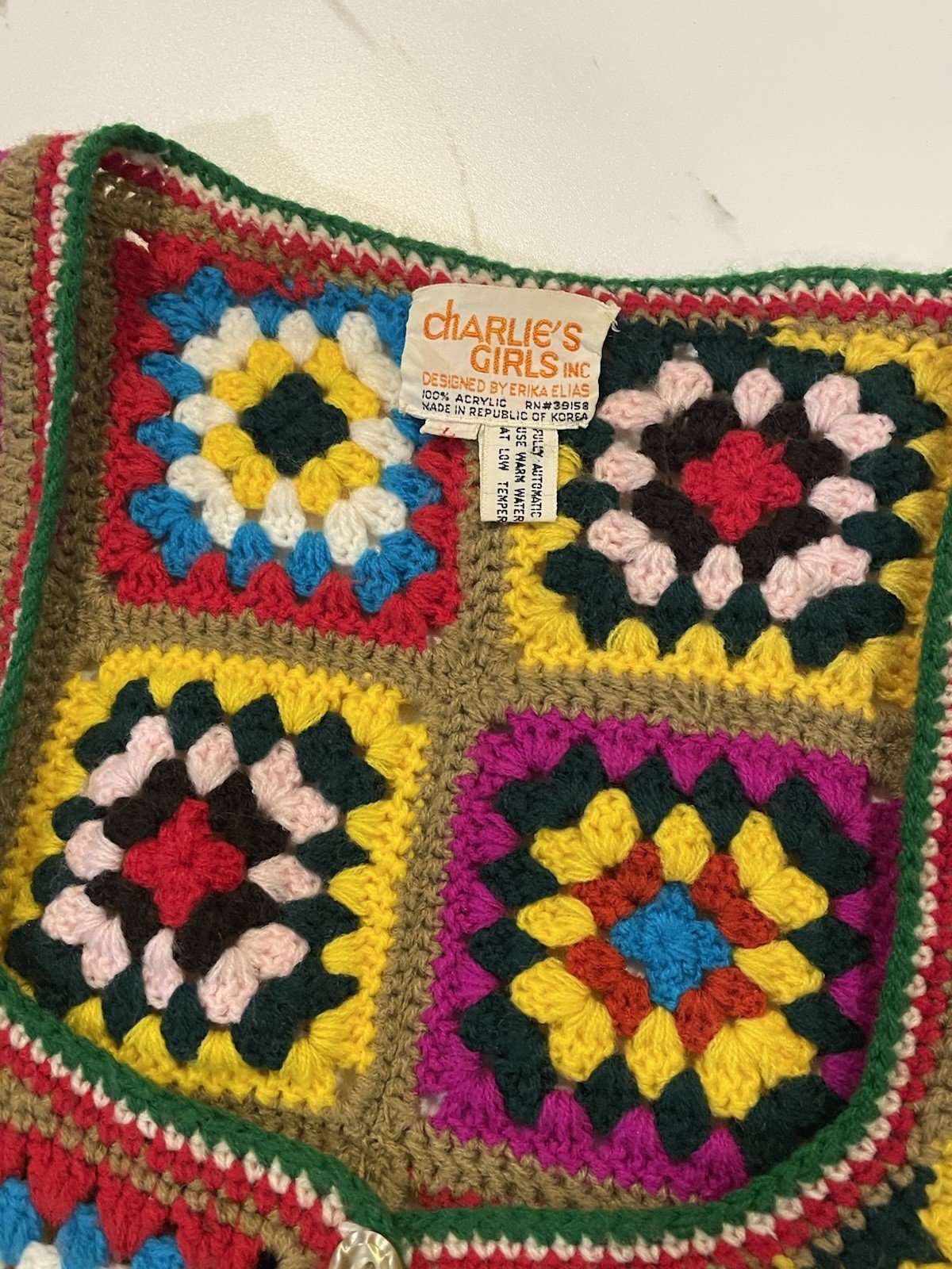 Vintage 70’s Charlie’s Girl Erika Elias Granny Square Crochet Vest Cropped XS