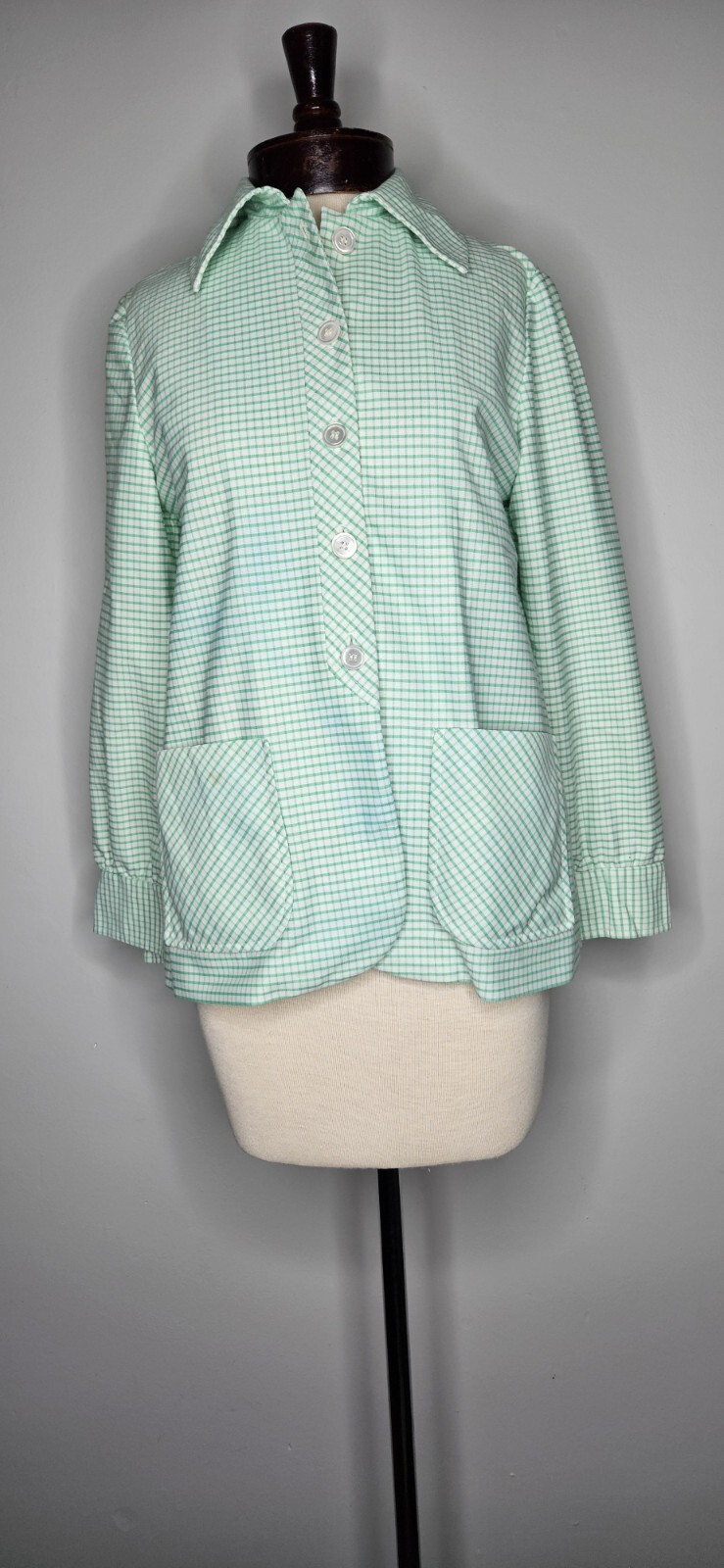 VTG 1970s Lightweight White Green Plaid Jacket Blazer L
