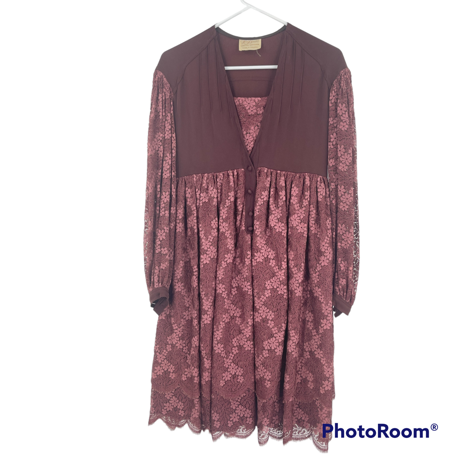 Vintage 1950s Henri Bendel Dress Brown English Lace Midi A line Long Sleeve Sz S