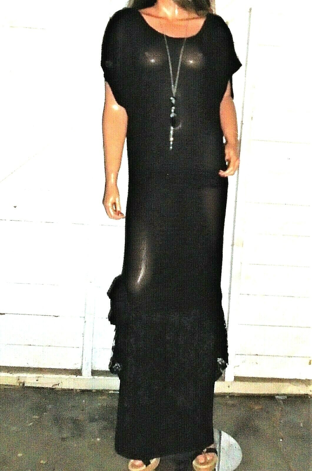 Vintage Nuance Black Lace Ruffled Bow Maxi Dress L