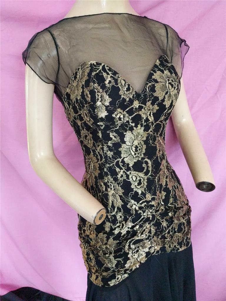 1980’S VINTAGE BLACK CHIFFON & GOLD METALLIC HI LO HEM CASADEI DRESS-34″ BUST