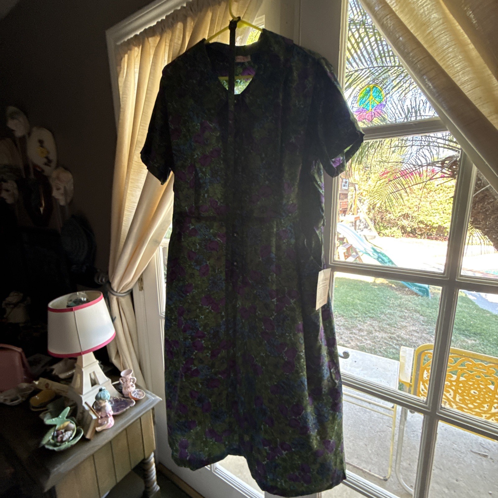 Vintage 1960’s NOS Deadstock Purple Blue and Green Floral Print Dress Large