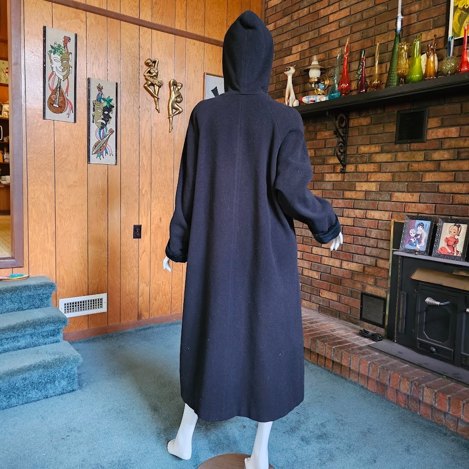 Vtg 80s Little Gothic Riding Hood Black Wool Velvet Full Length Cloak Coat L/XL