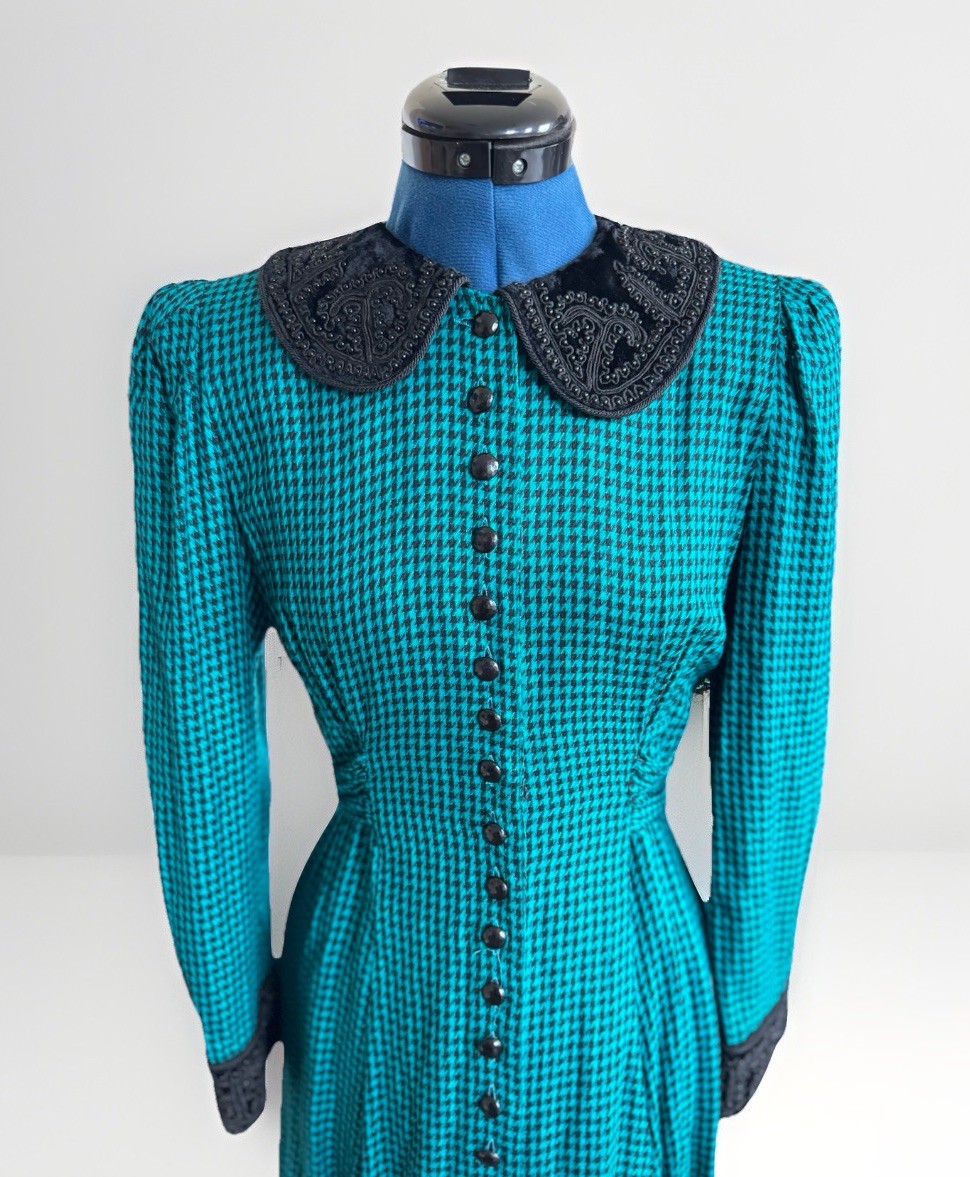 Vintage 80s Sarah Elizabeth Beaded collar Teal Gingham Goth Check Maxi Dress