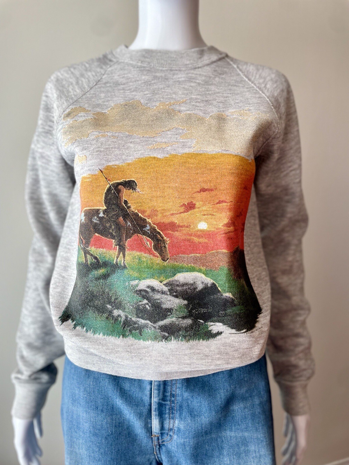 Vintage S 80s Sweatshirt Crewneck Heather Grey Native American Horse EUC
