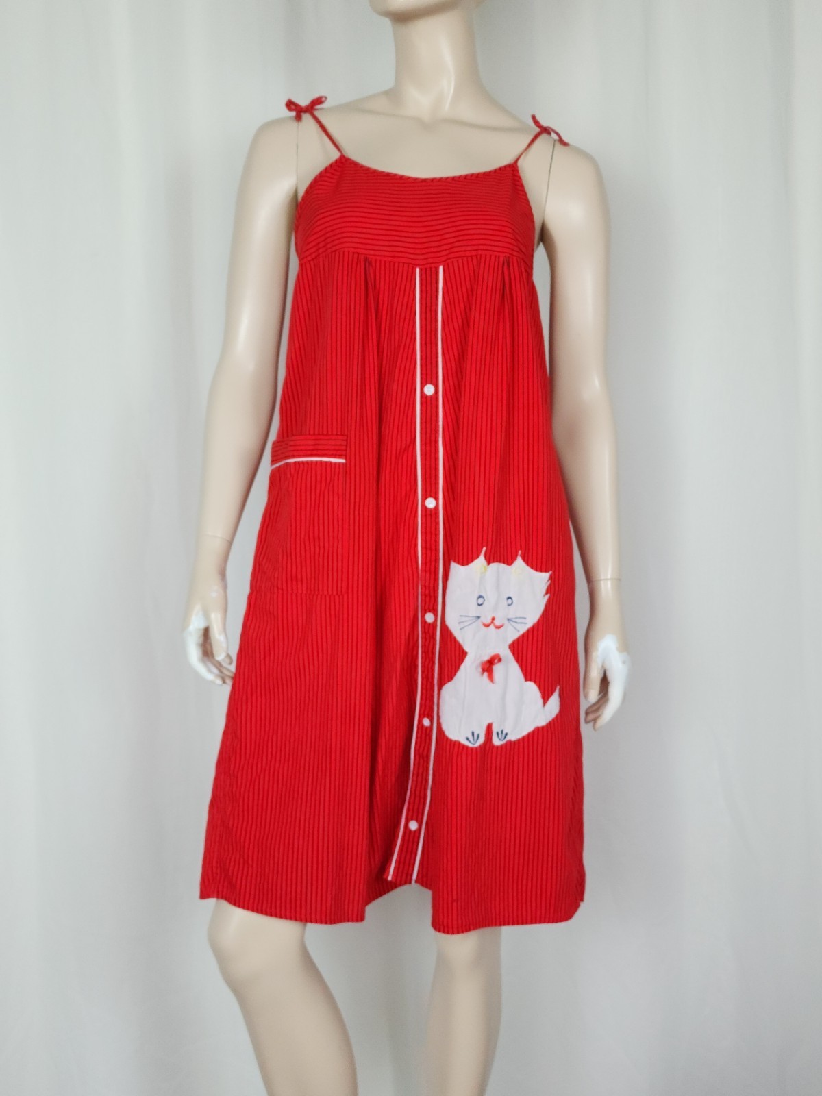 Vtg kitty cat sleep dress pajama nightie red black S/M