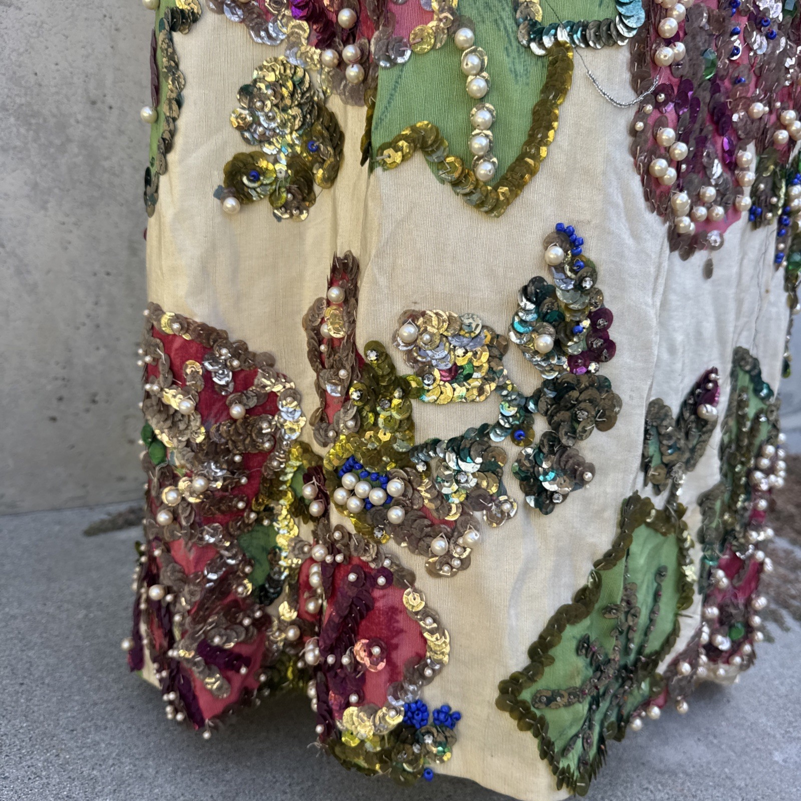 Vintage 1930s Painted Skirt Rhinestones Beading Pearls Flower Showgirl Burlesque
