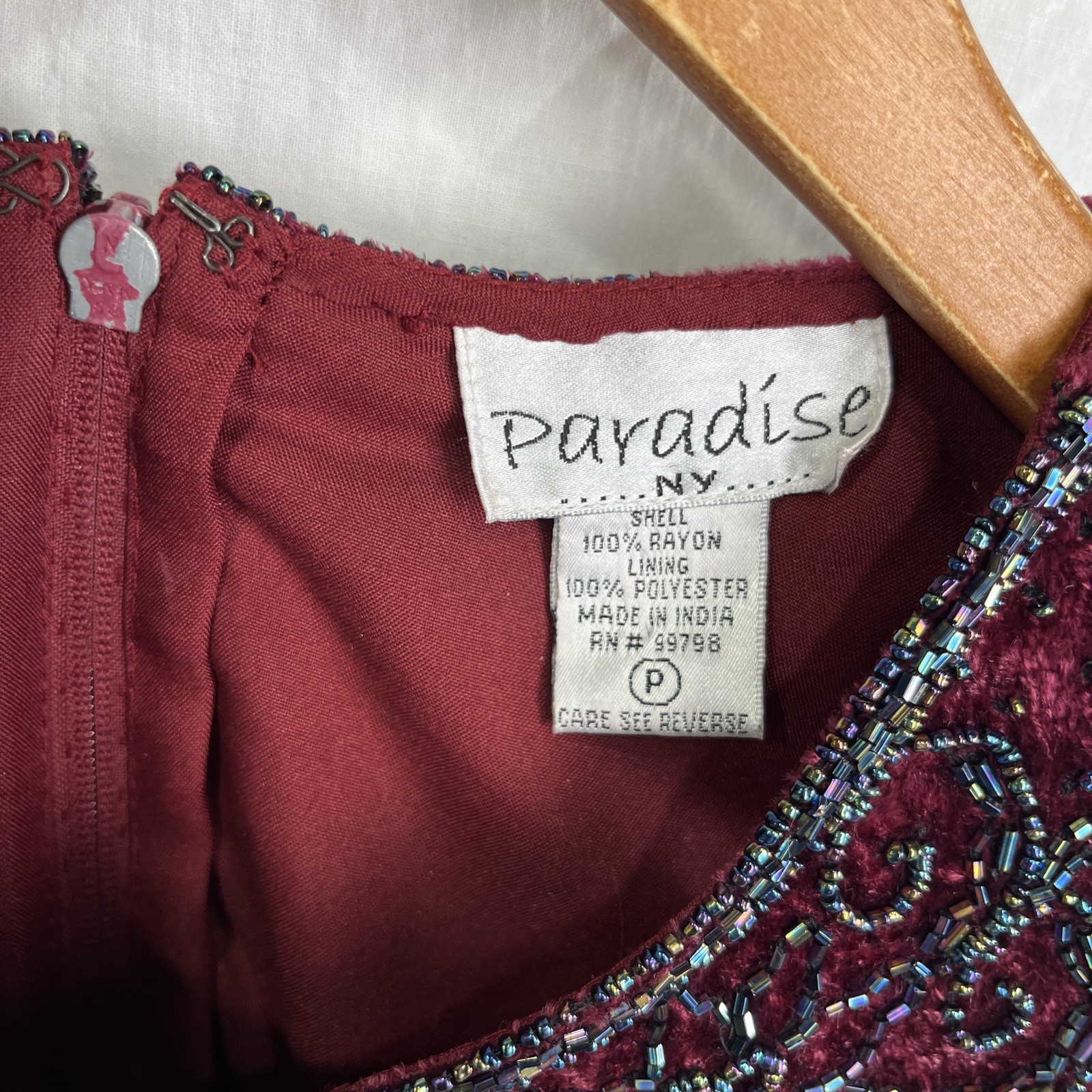 Vintage Paradise NY Beaded Velvet Floral Sleeveless Top Maroon Zip Size Small S