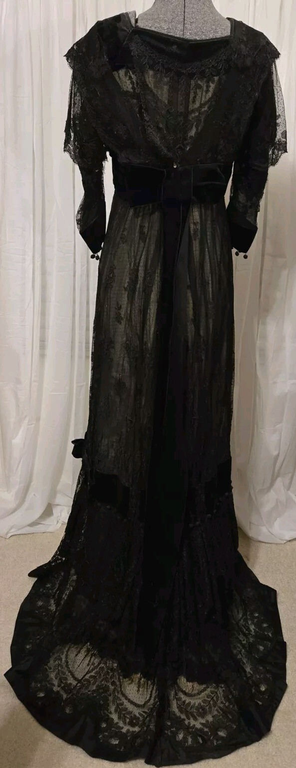 Edwardian Black Chantilly Lace Tassels & Velvet Trim Gown