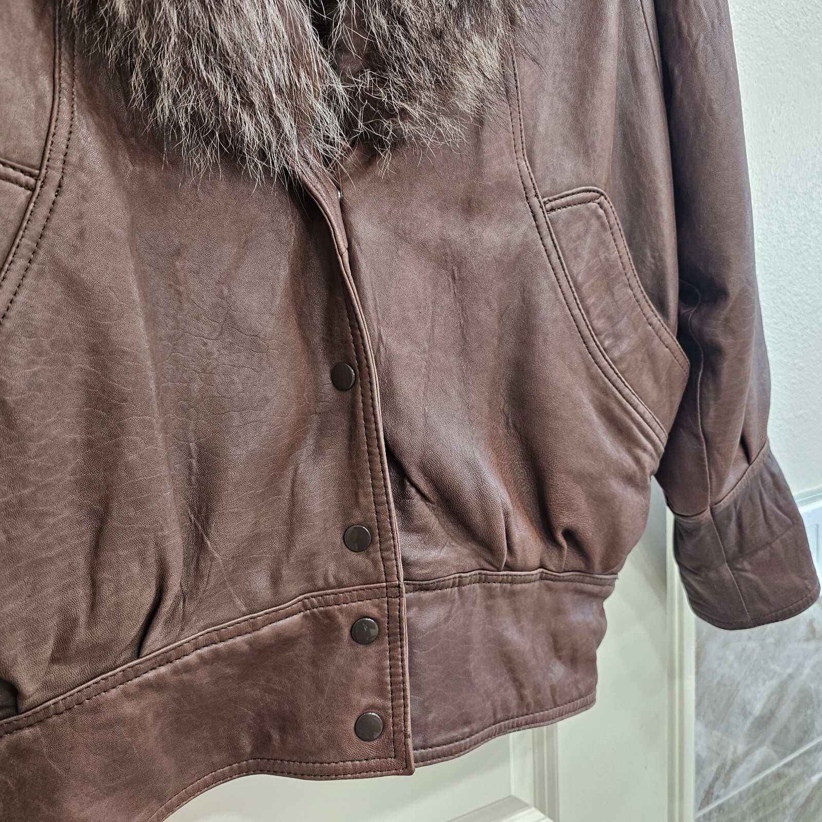 J Walden Vintage Leather & Raccoon Fur Brown Bomber Jacket Size 7/8