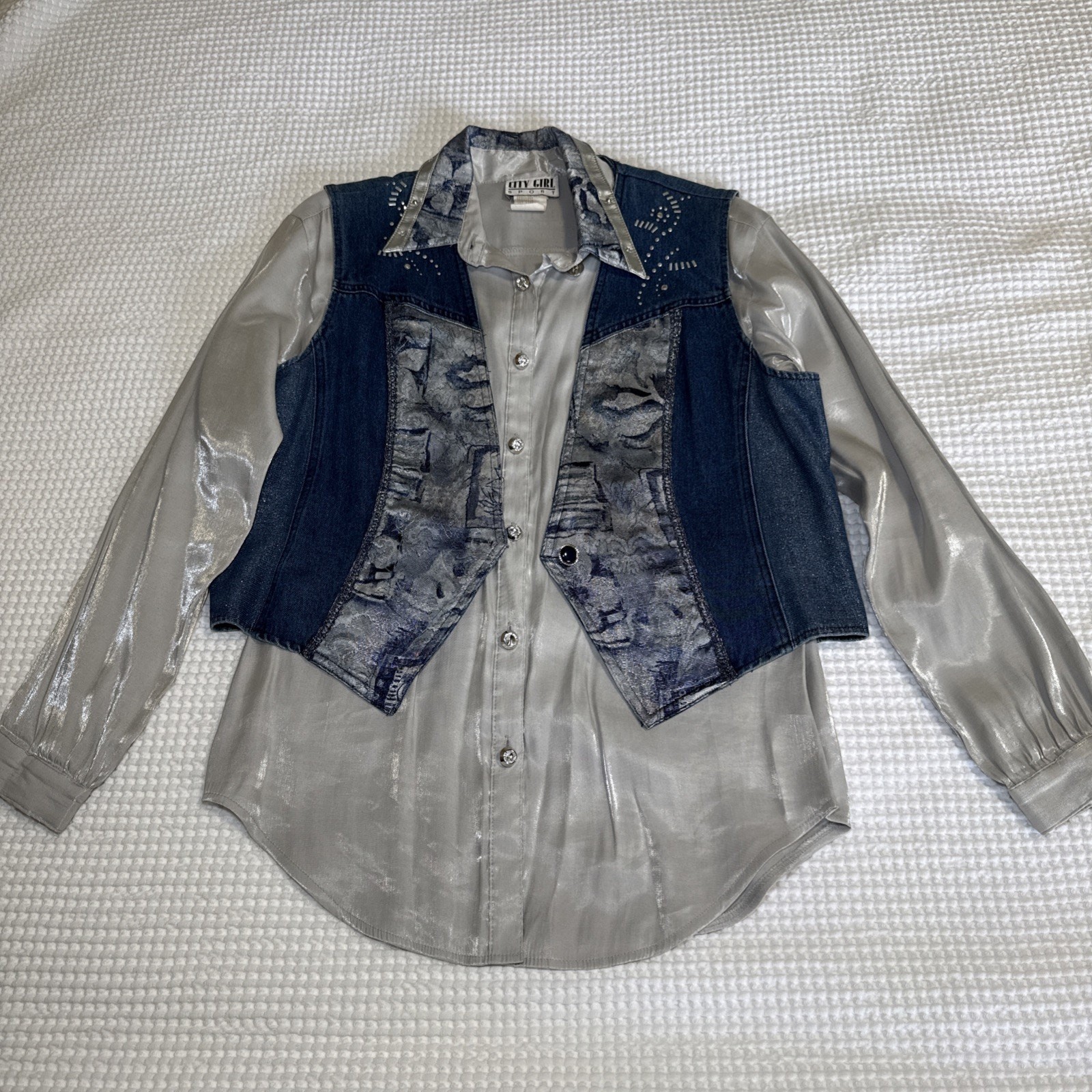 VTG City Girl Sport 2 pc Set Denim Vest Sz 14, Shiny Gray Blouse Sz 12 Western